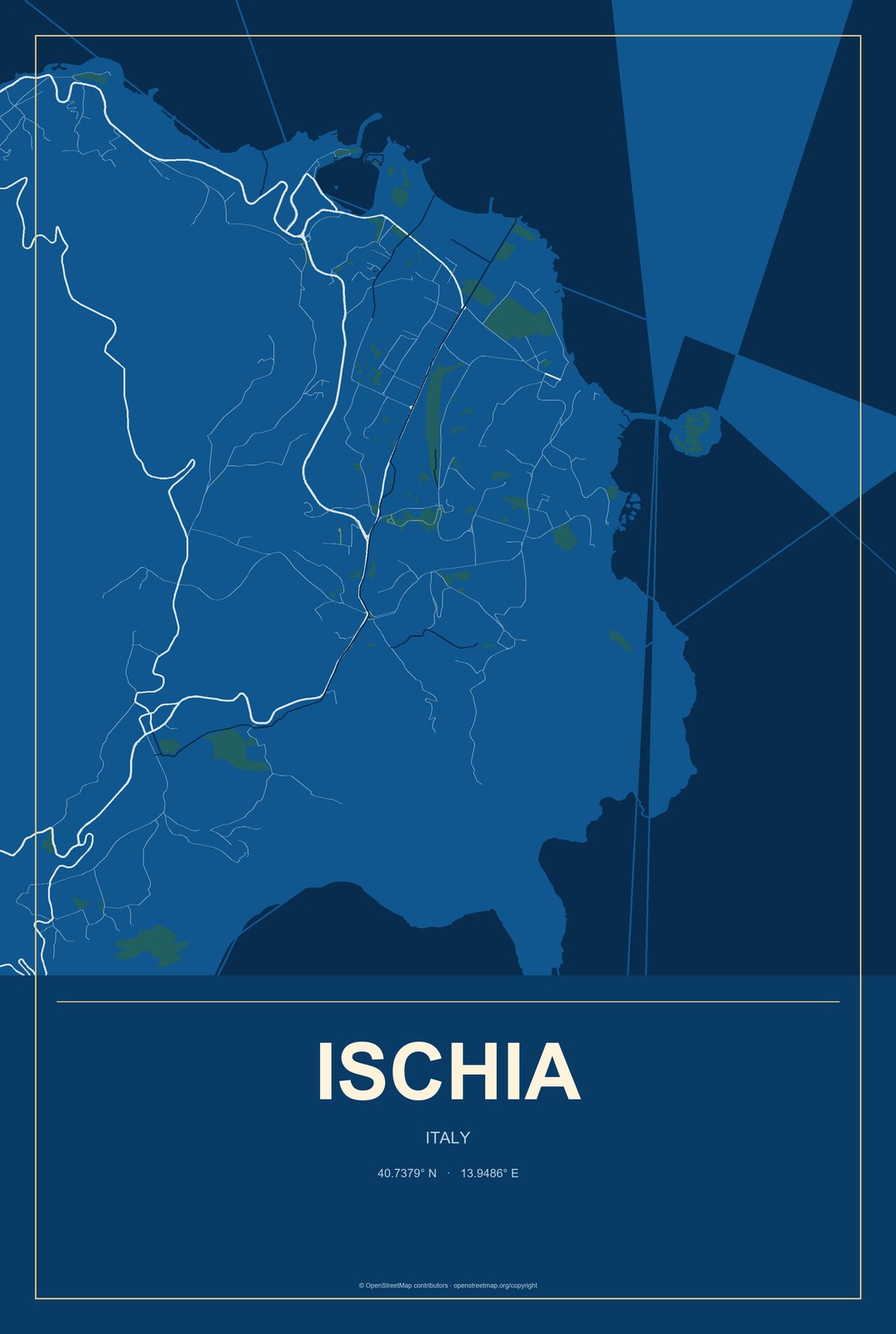 Ischia, Italy City Map Aluminum Sign in Harbor Cobalt style