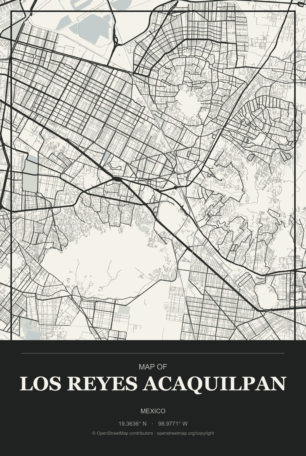 Los Reyes Acaquilpan, Mexico City Map Aluminum Sign in Museum Plaque style