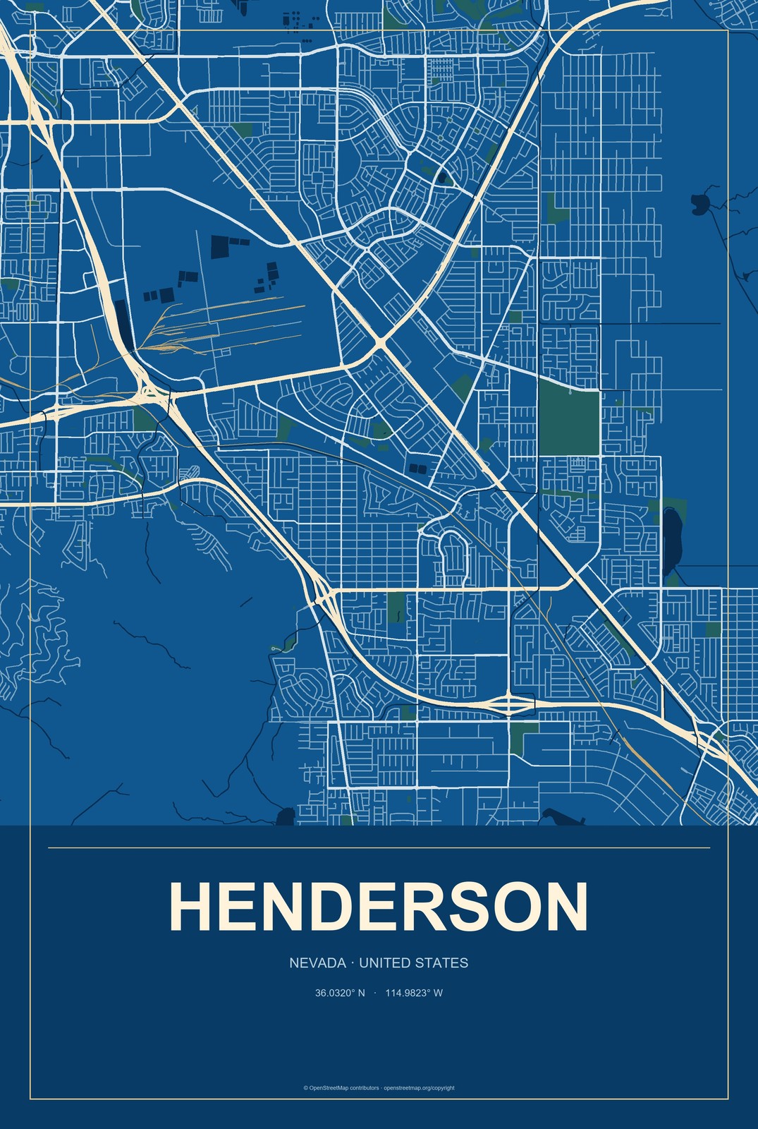 Henderson, Nevada City Map Aluminum Sign in Harbor Cobalt style