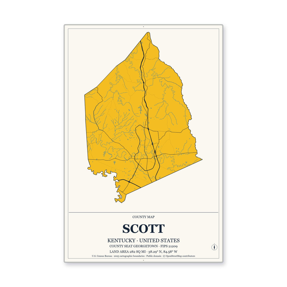 Scott County, Kentucky Map Aluminum Sign in Citrine Modern style