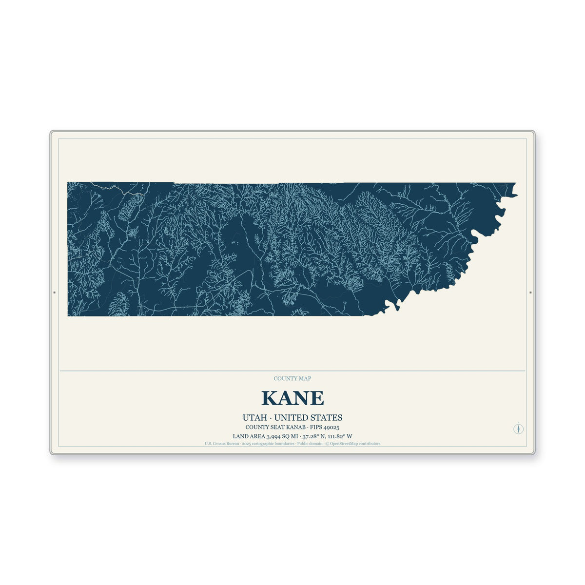 Kane County, Utah Map Aluminum Sign in Coastal Cutout style