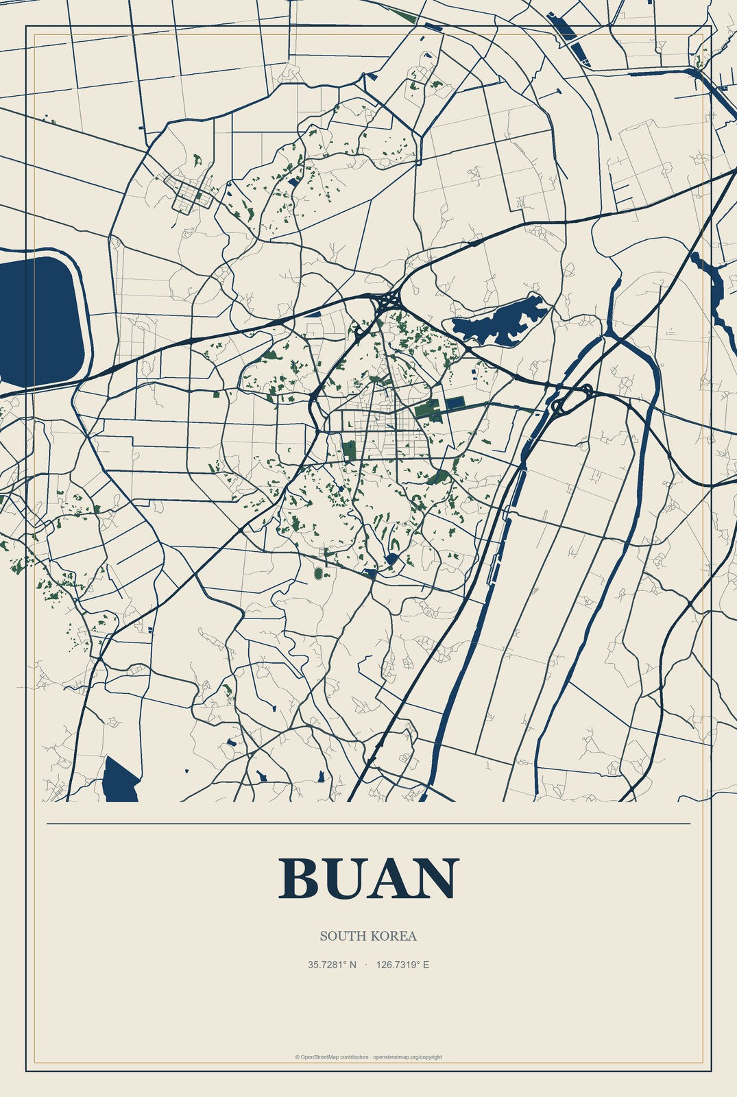 Buan, South Korea City Map Aluminum Sign in Coastal Cutout style