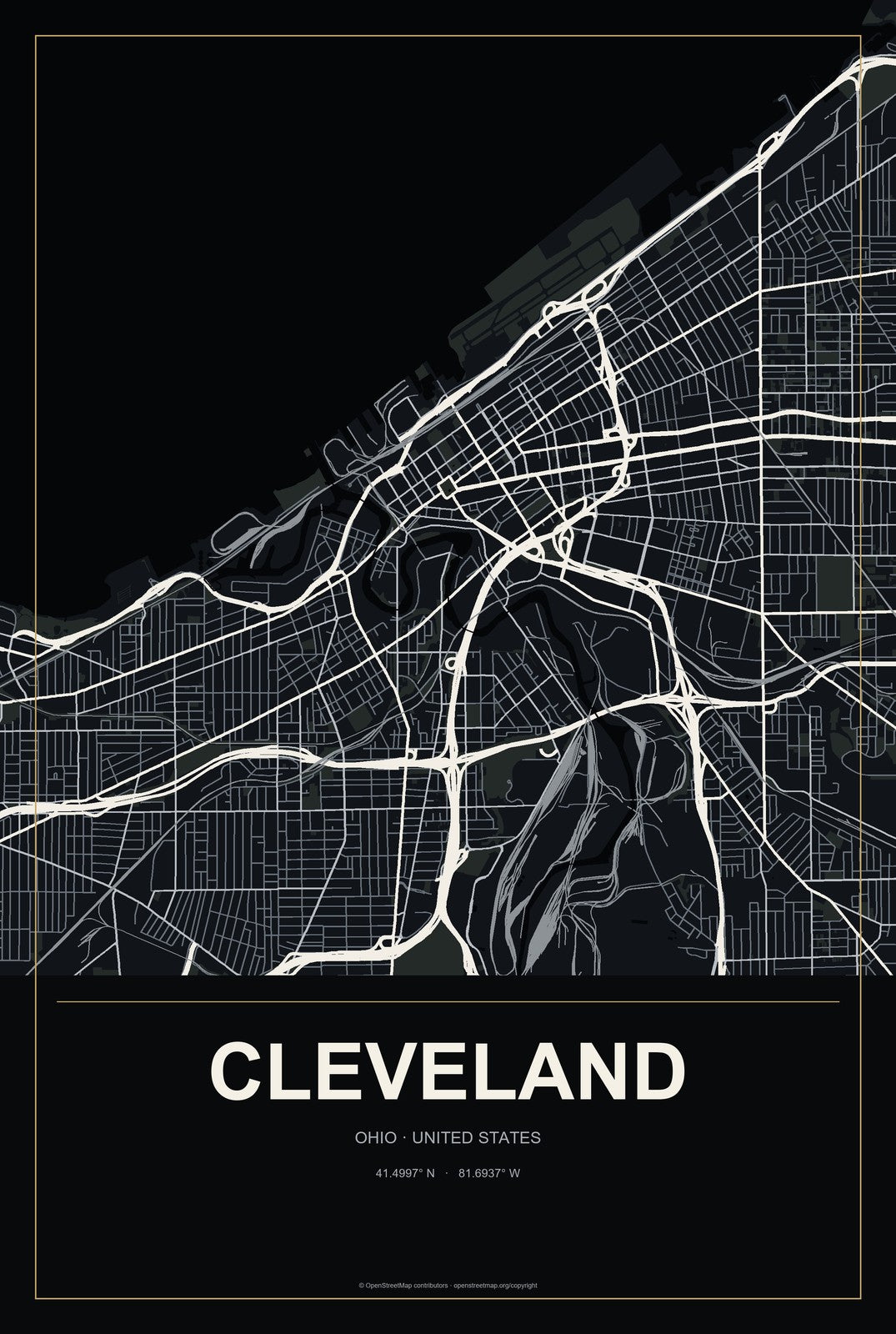 Cleveland, Ohio City Map Aluminum Sign in Metropolitan Noir style