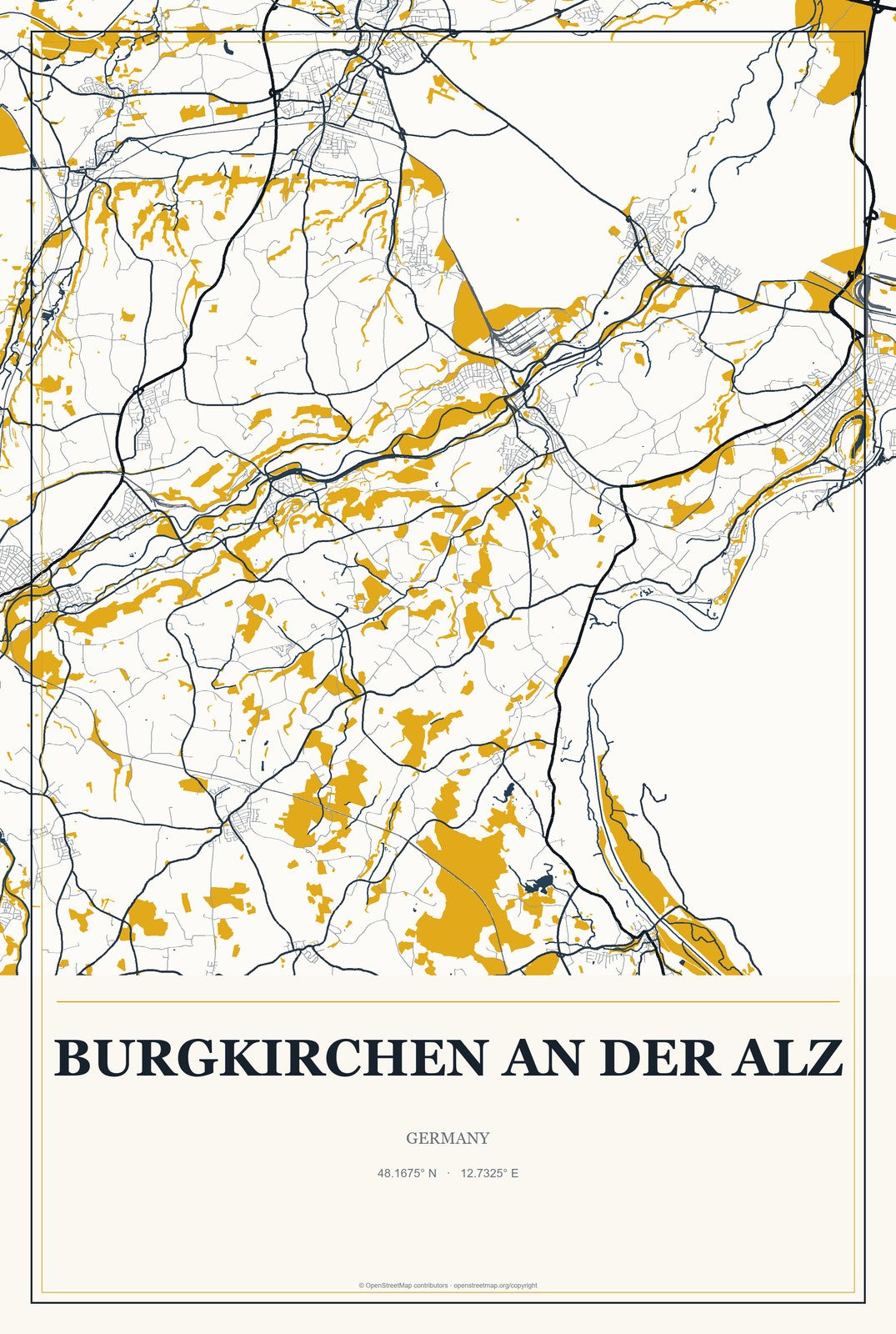 Burgkirchen an der Alz, Germany City Map Aluminum Sign in Citrine Modern style