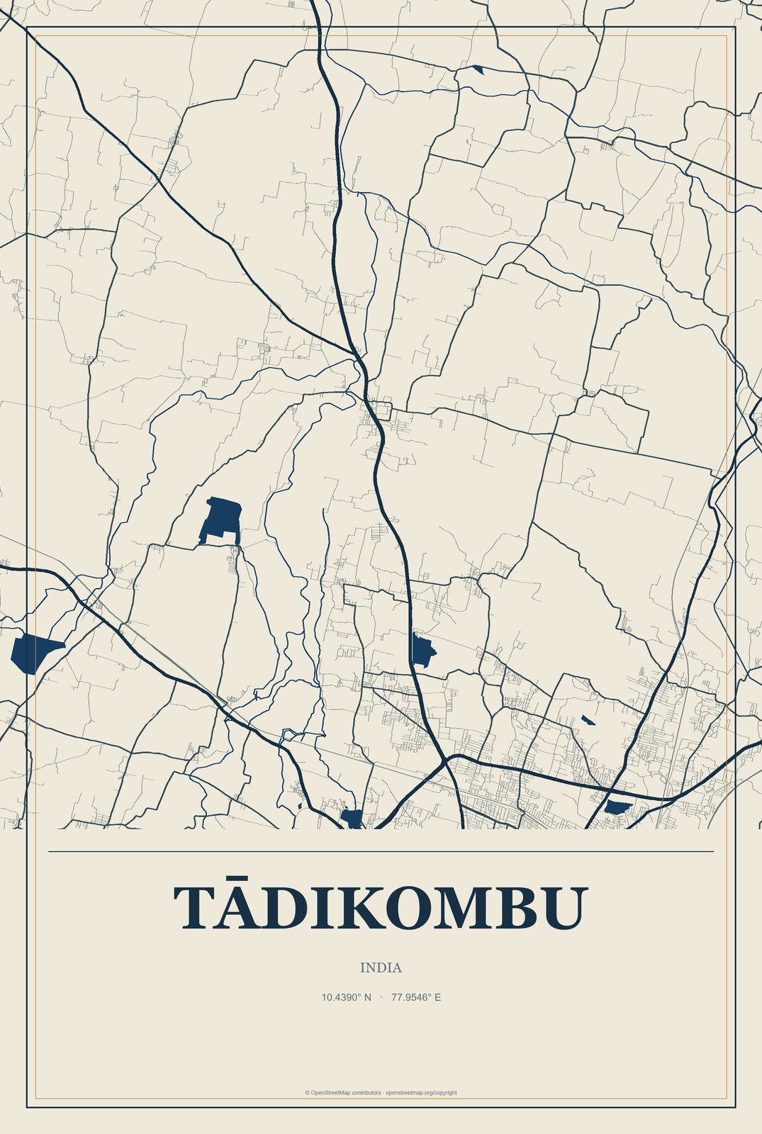 Tādikombu, India City Map Aluminum Sign in Coastal Cutout style