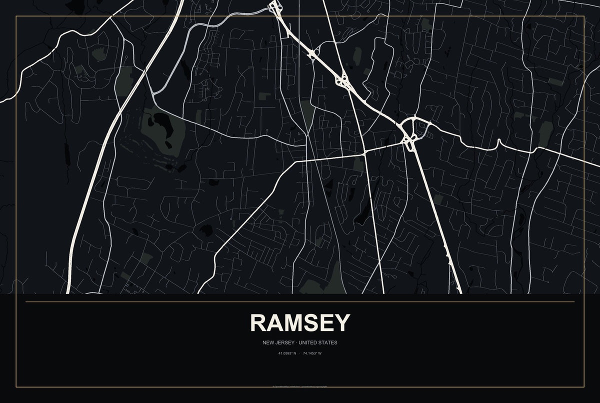 Ramsey, New Jersey City Map Aluminum Sign in Metropolitan Noir style