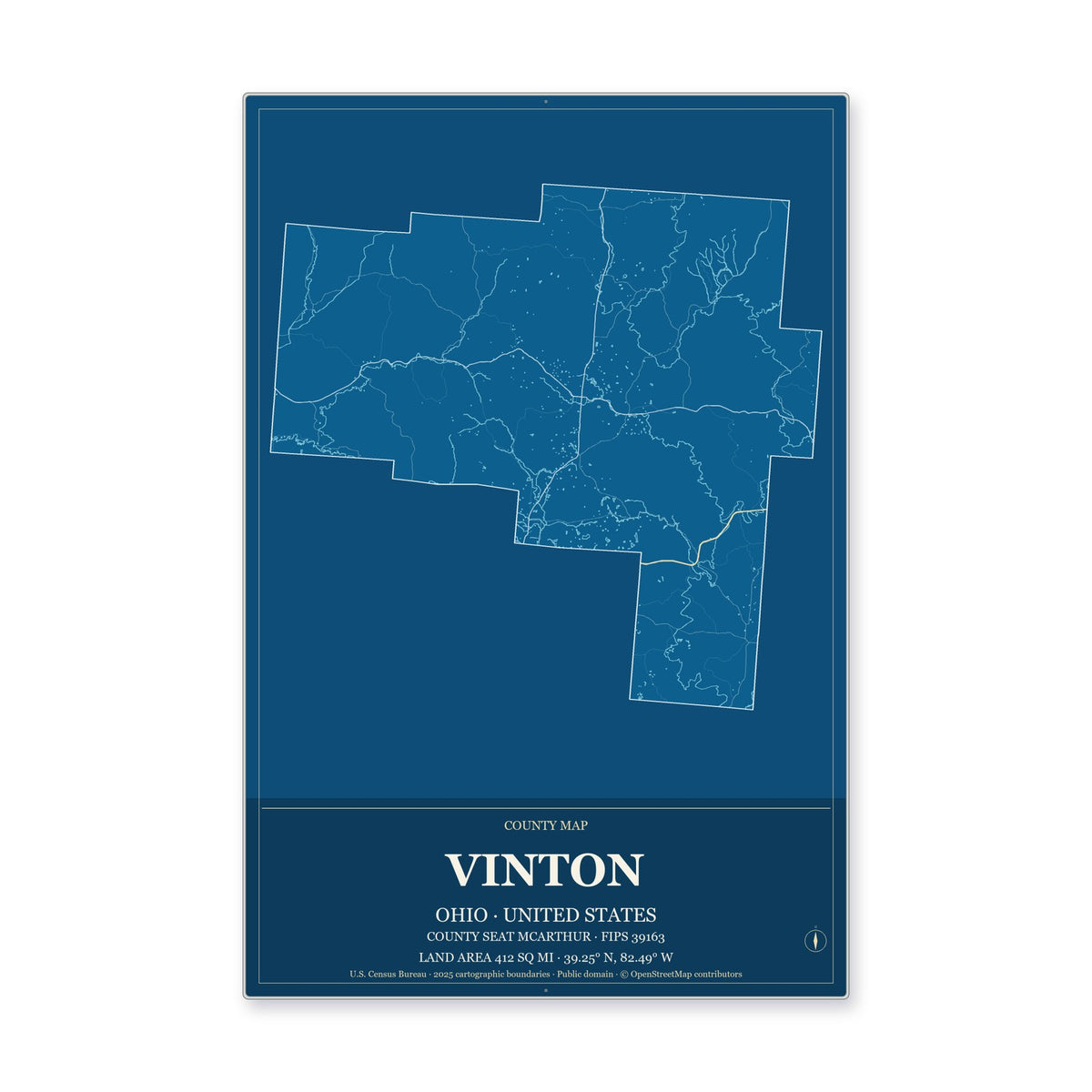 Vinton County, Ohio Map Aluminum Sign in Harbor Cobalt style