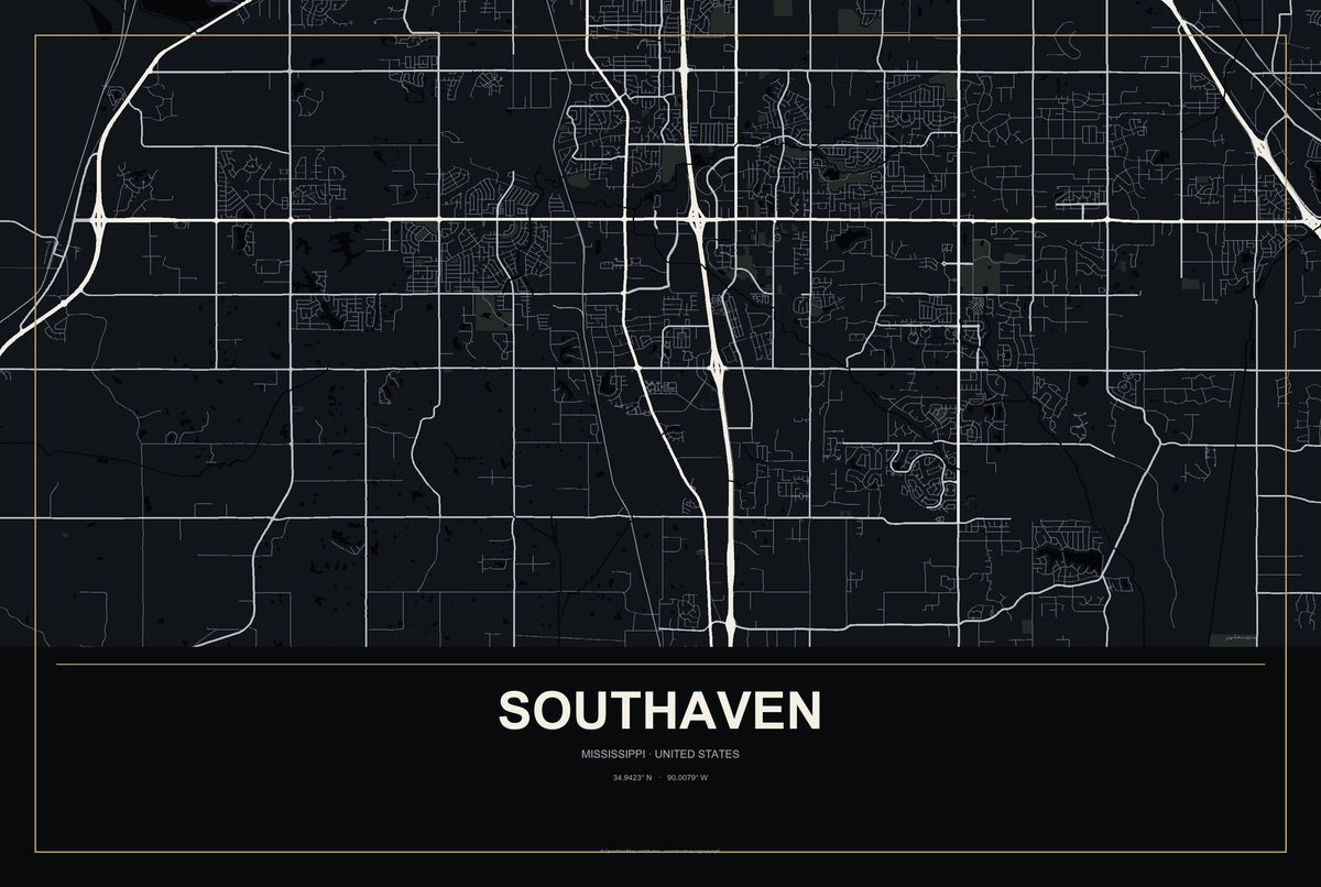 Southaven, Mississippi City Map Aluminum Sign in Metropolitan Noir style