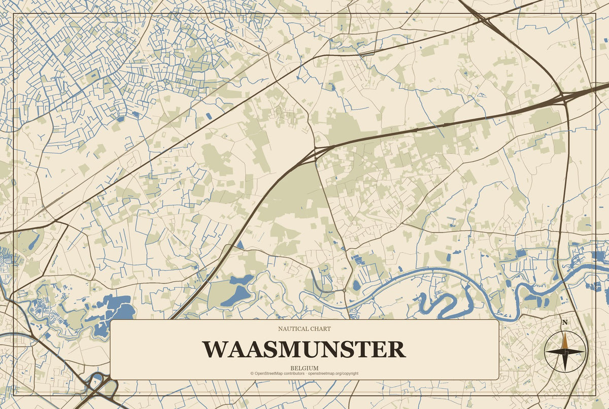 Waasmunster, Belgium City Map Aluminum Sign in Heritage Nautical style