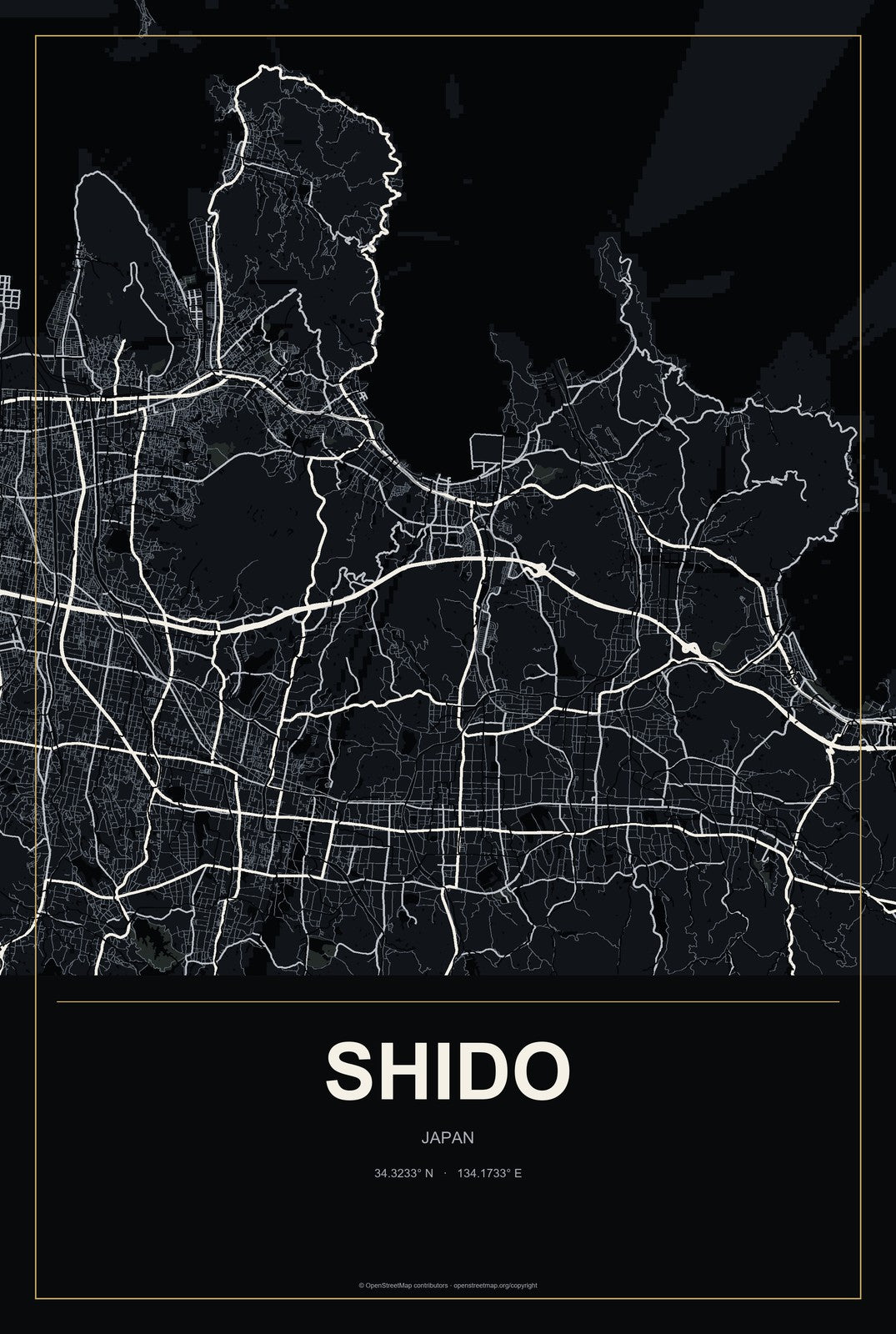 Shido, Japan City Map Aluminum Sign in Metropolitan Noir style