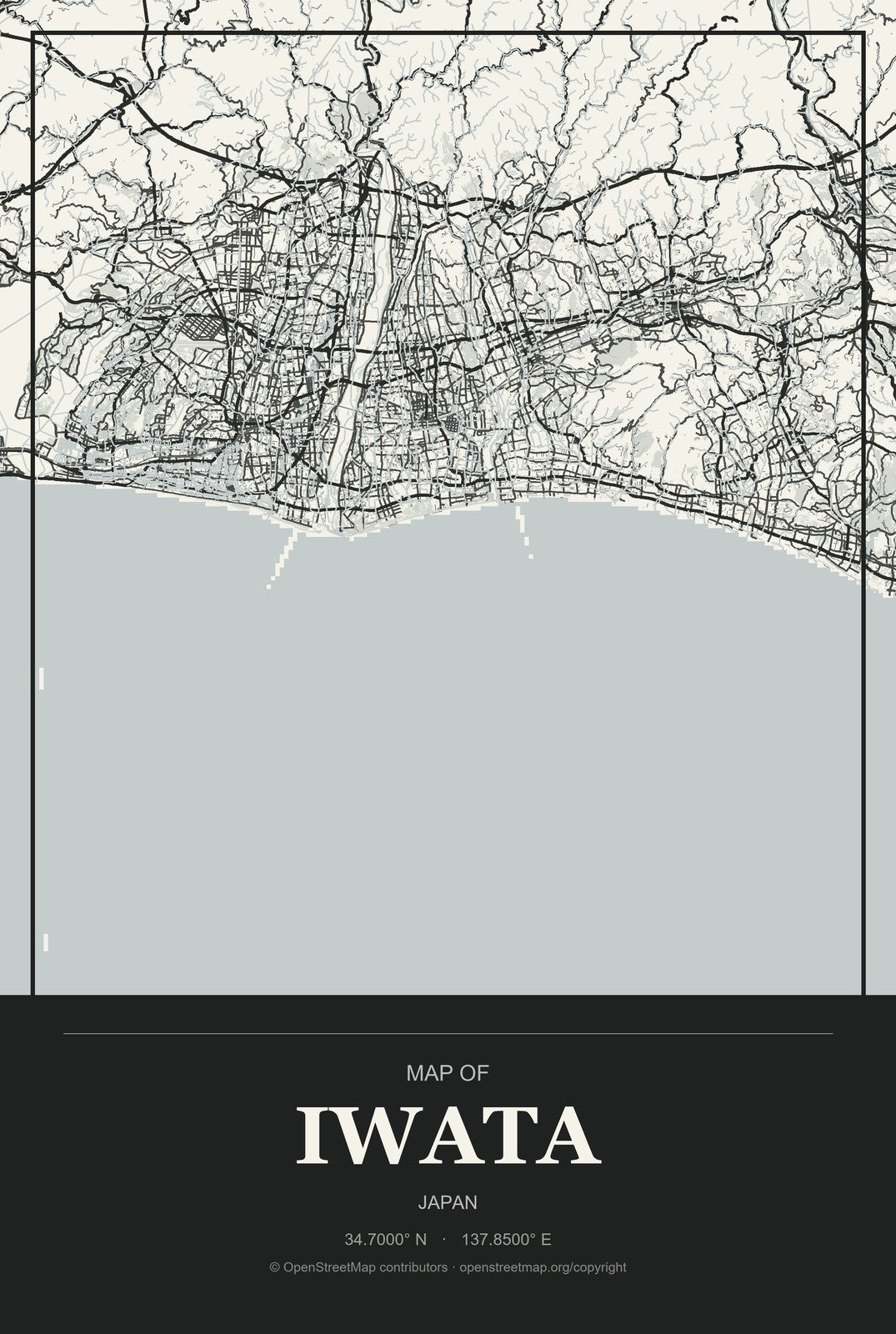 Iwata, Japan City Map Aluminum Sign in Museum Plaque style