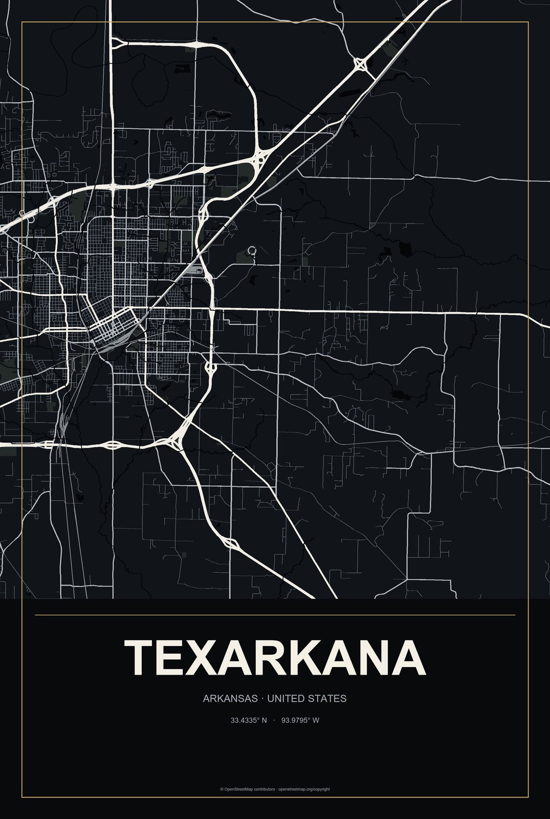 Texarkana, Arkansas City Map Aluminum Sign in Metropolitan Noir style