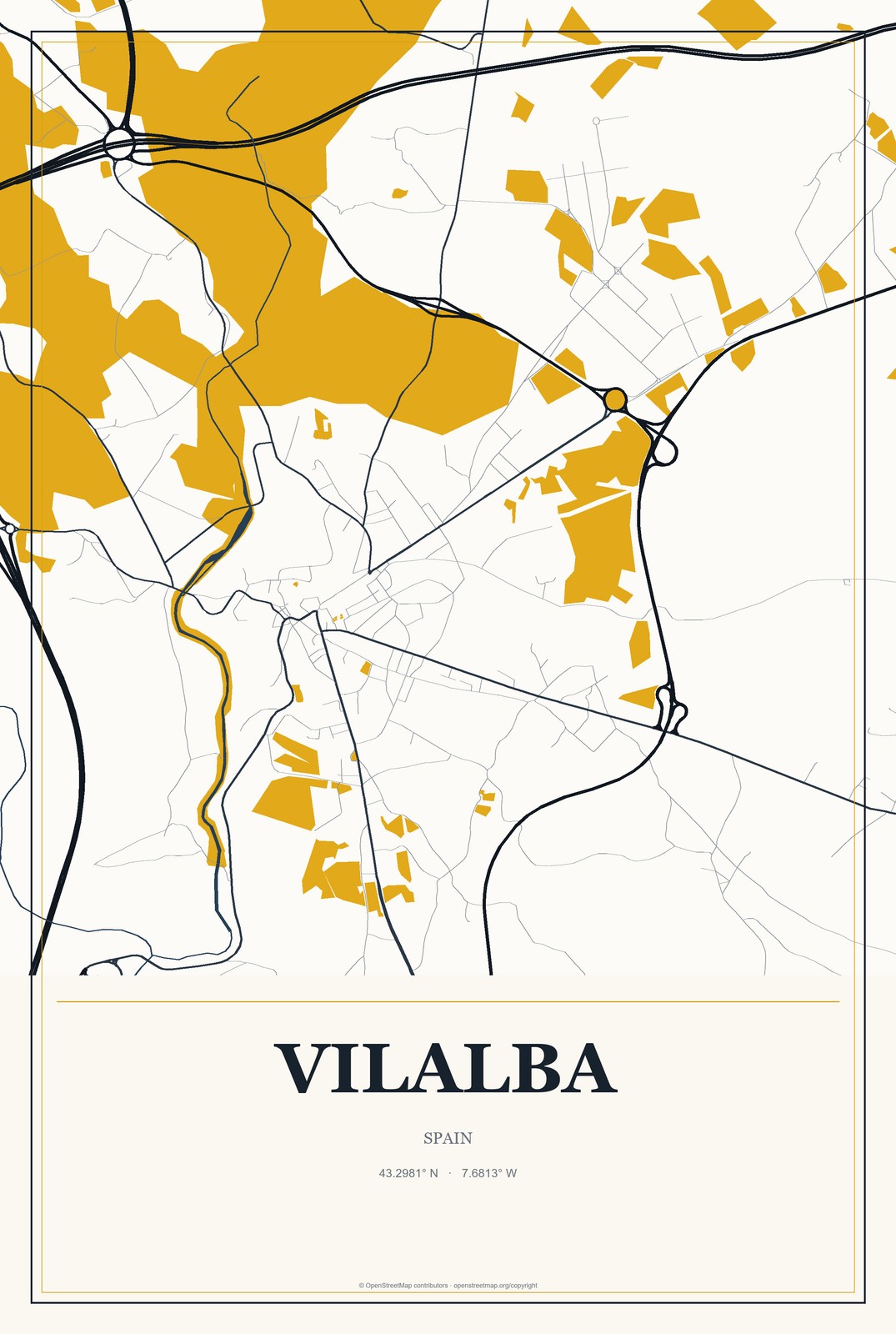 Vilalba, Spain City Map Aluminum Sign in Citrine Modern style