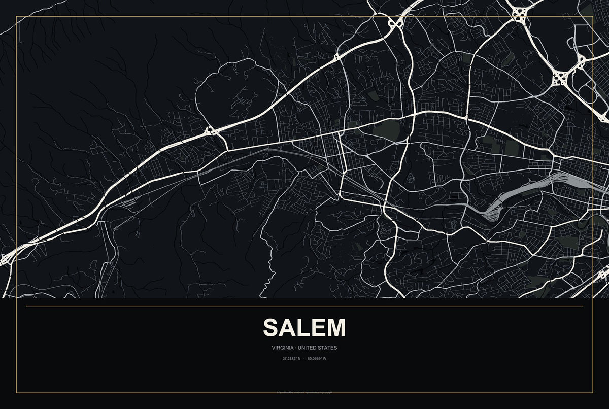 Salem, Virginia City Map Aluminum Sign in Metropolitan Noir style