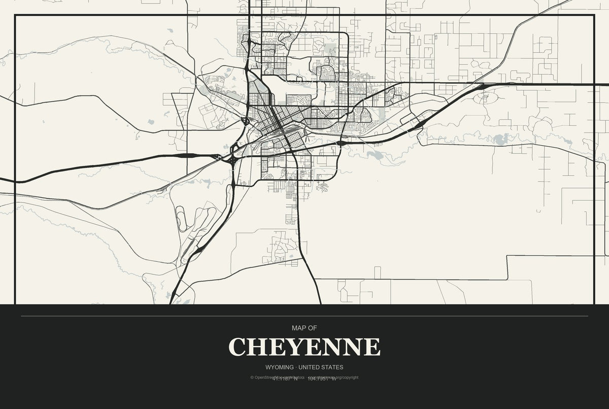 Cheyenne, Wyoming City Map Aluminum Sign in Museum Plaque style