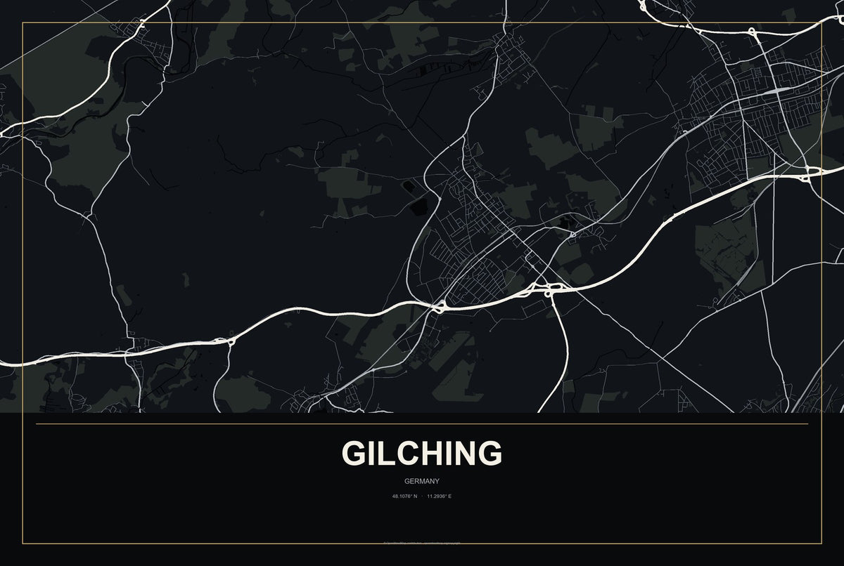 Gilching, Germany City Map Aluminum Sign in Metropolitan Noir style
