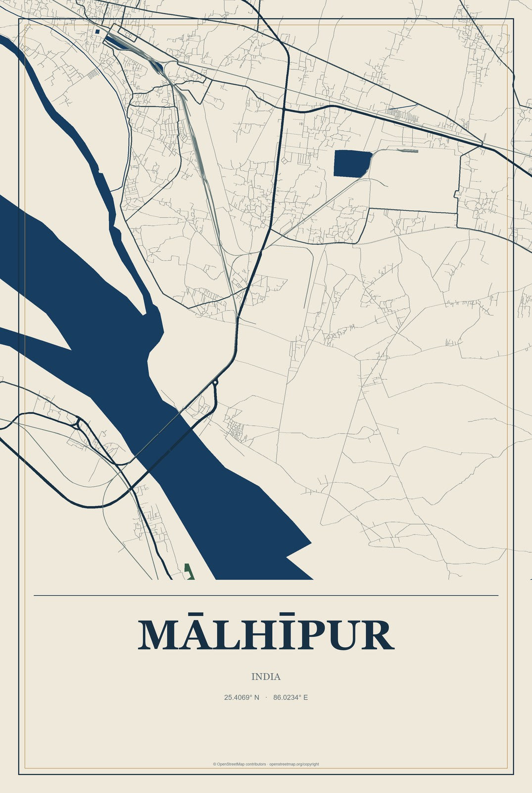 Mālhīpur, India City Map Aluminum Sign in Coastal Cutout style