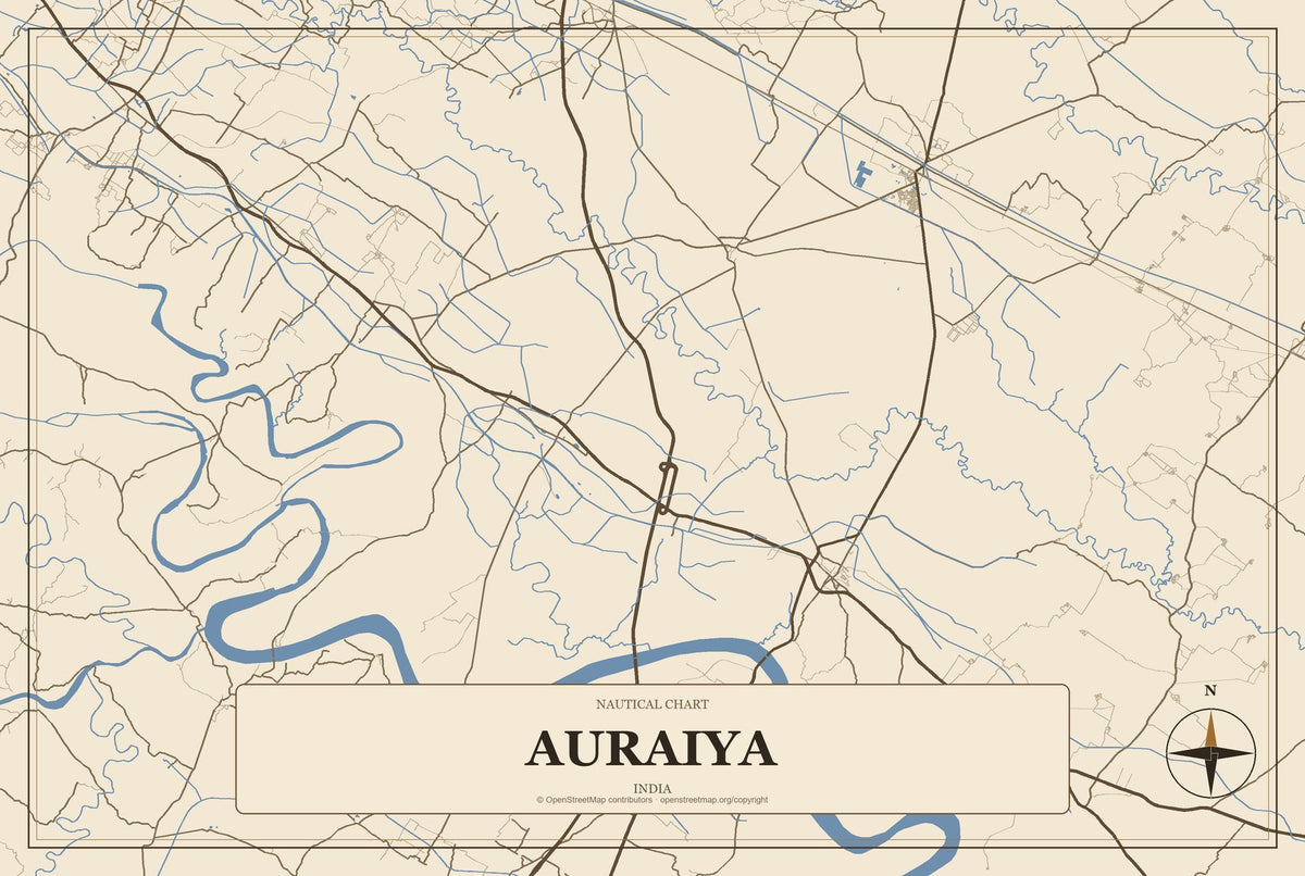 Auraiya, India City Map Aluminum Sign in Heritage Nautical style