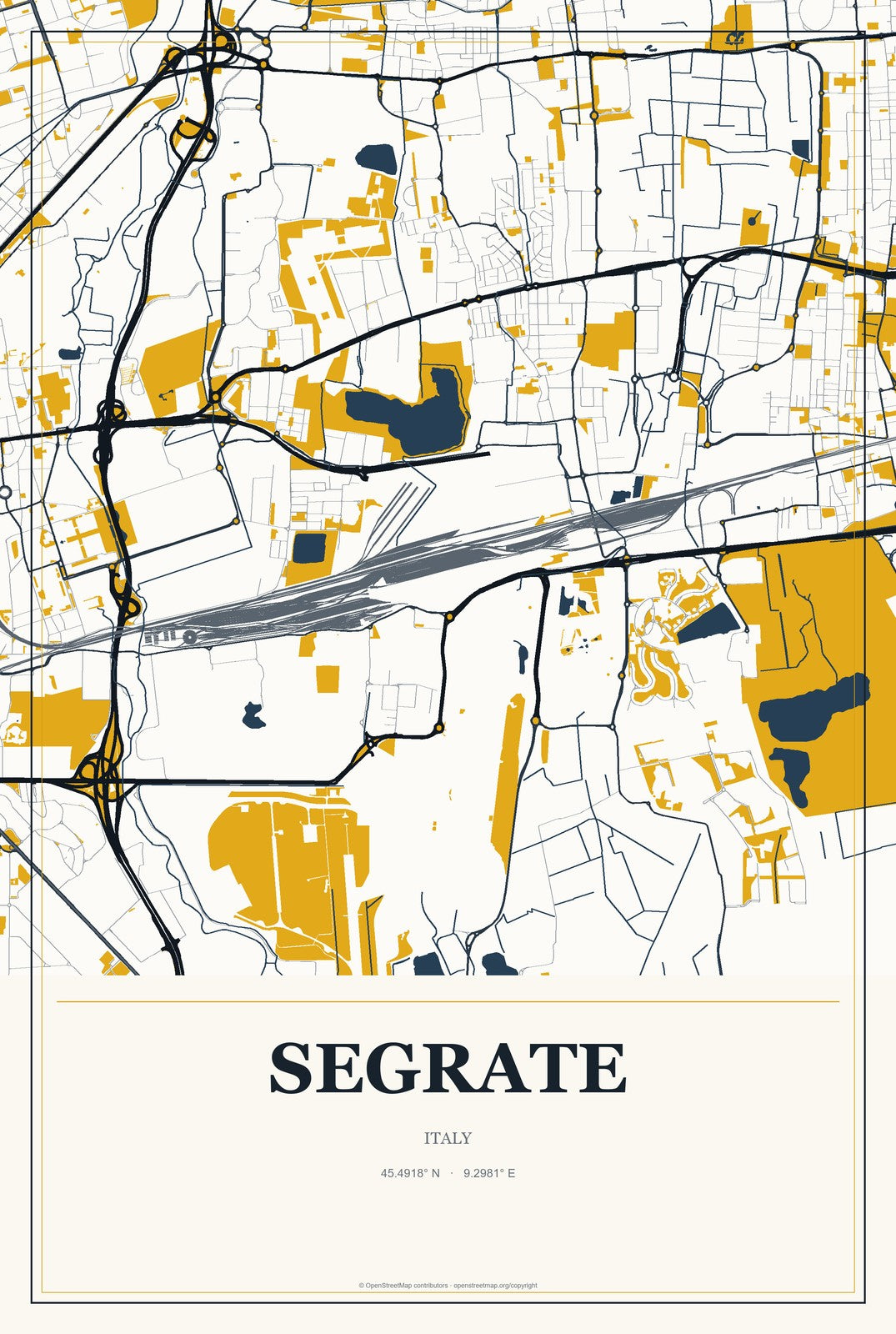 Segrate, Italy City Map Aluminum Sign in Citrine Modern style