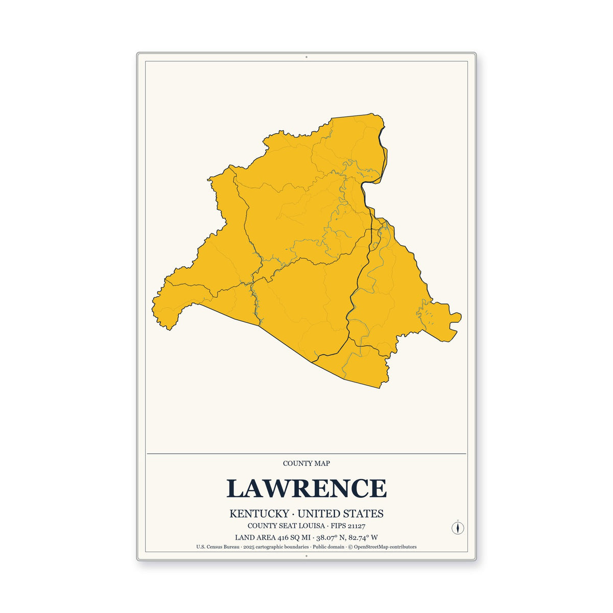 Lawrence County, Kentucky Map Aluminum Sign in Citrine Modern style