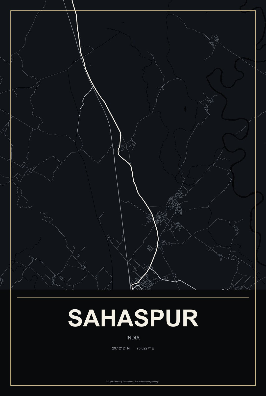 Sahaspur, India City Map Aluminum Sign in Metropolitan Noir style