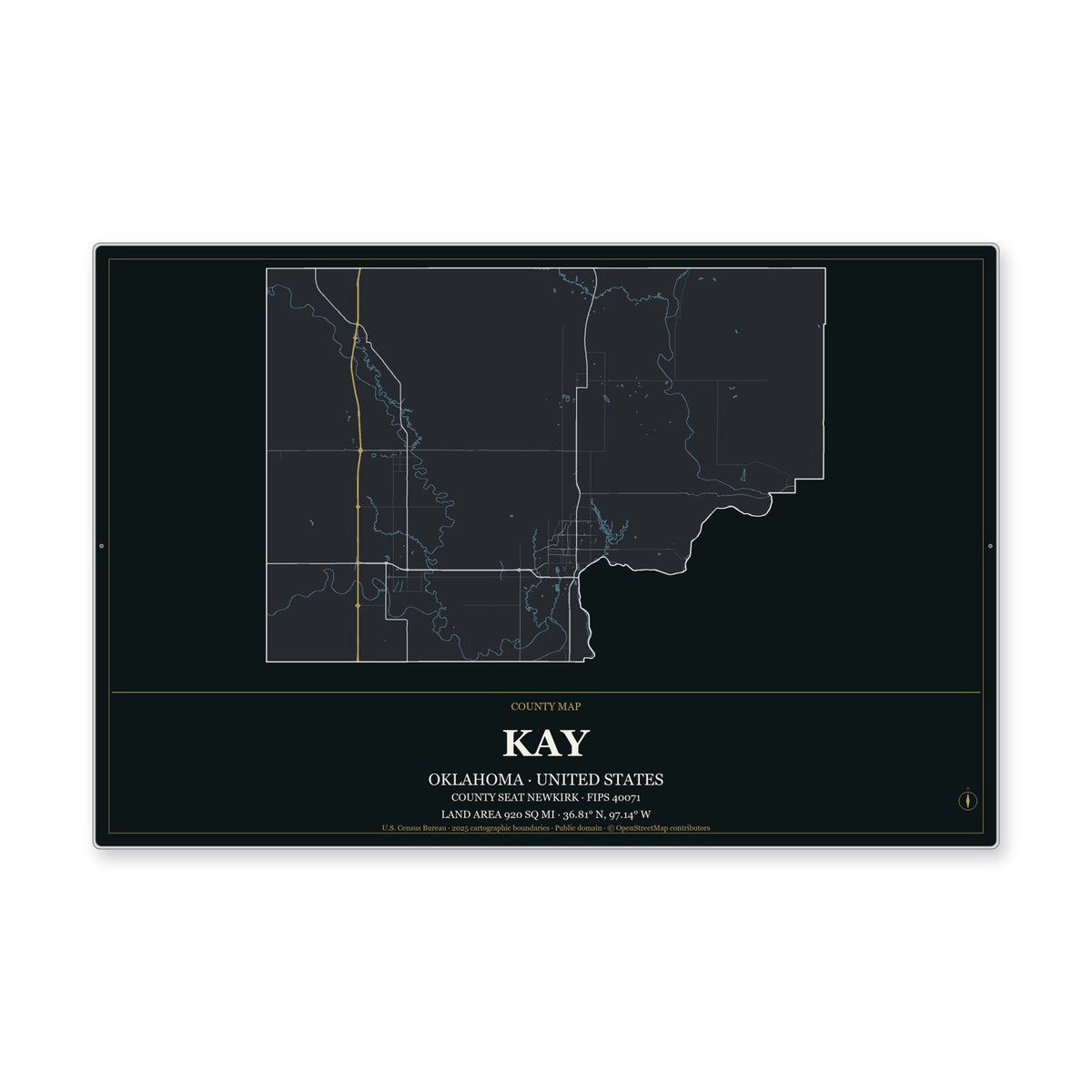 Kay County, Oklahoma Map Aluminum Sign in Metropolitan Noir style