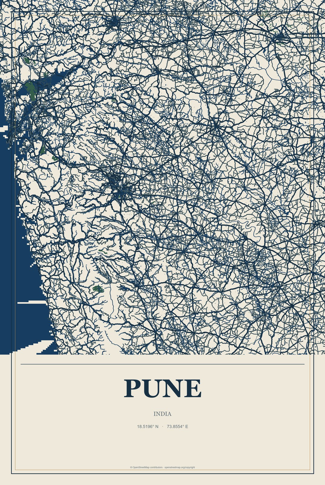 Pune, India City Map Aluminum Sign in Coastal Cutout style