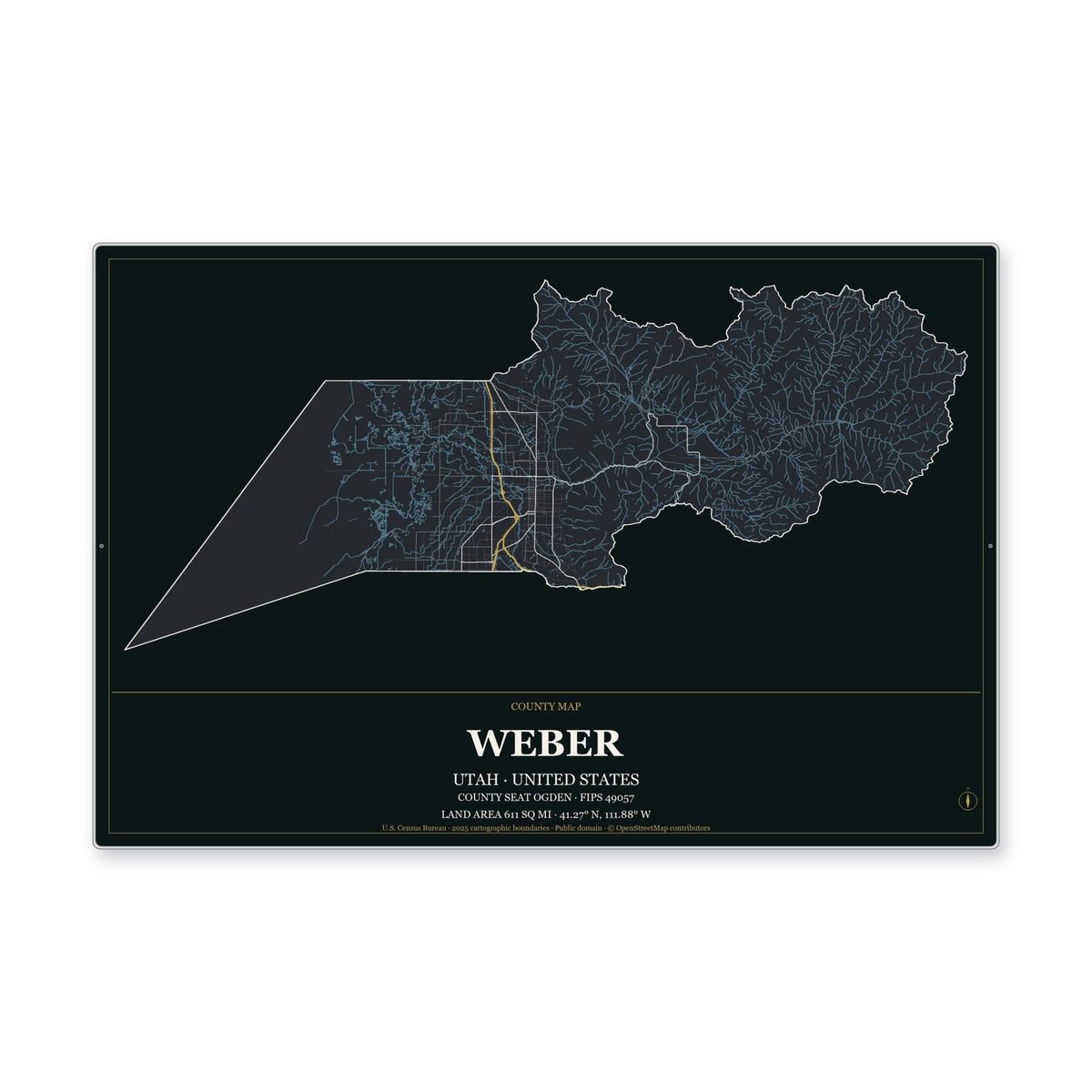 Weber County, Utah Map Aluminum Sign in Metropolitan Noir style