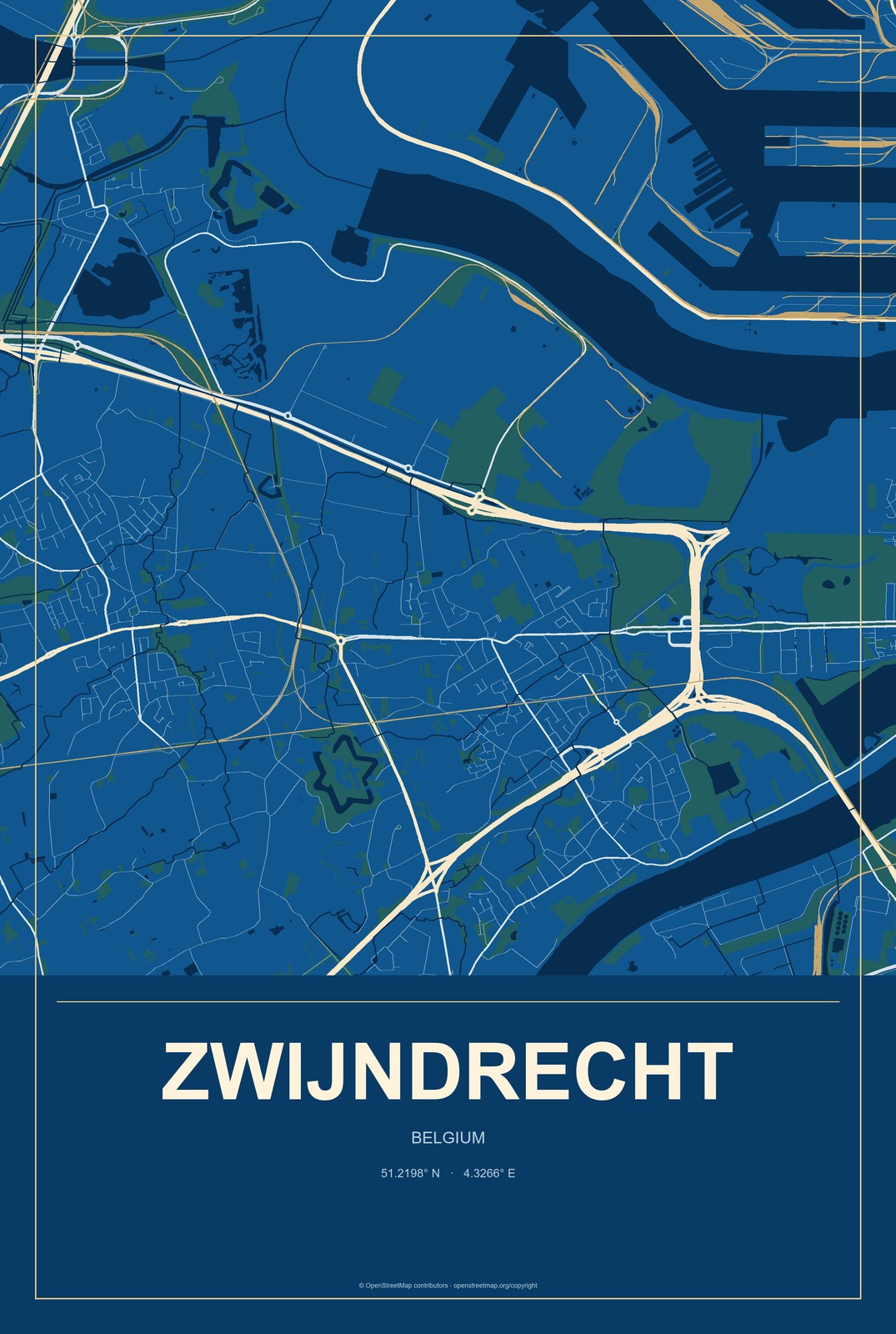 Zwijndrecht, Belgium City Map Aluminum Sign in Harbor Cobalt style