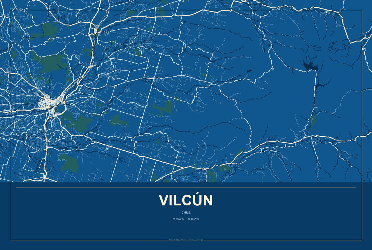 Vilcún, Chile City Map Aluminum Sign in Harbor Cobalt style