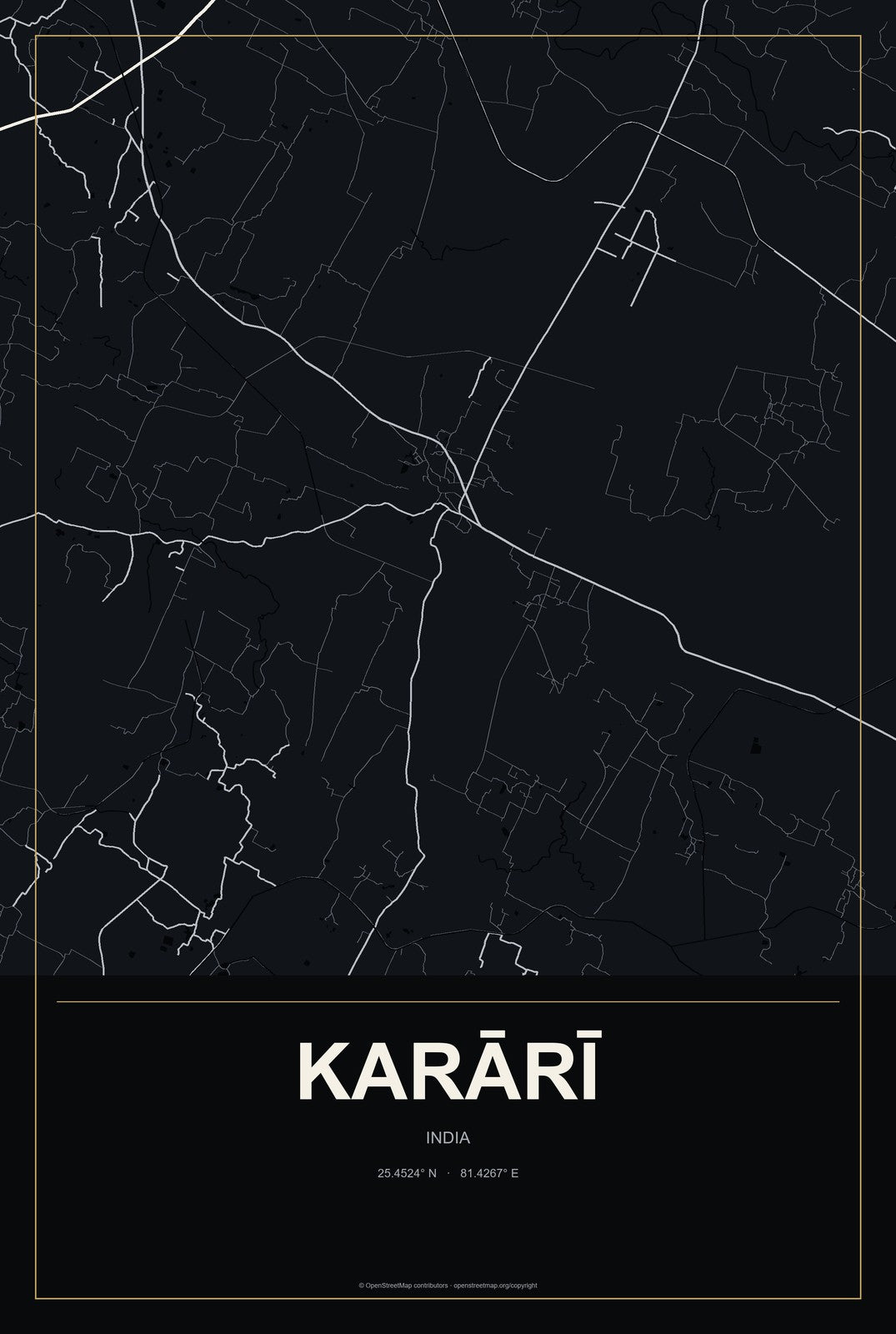 Karārī, India City Map Aluminum Sign in Metropolitan Noir style