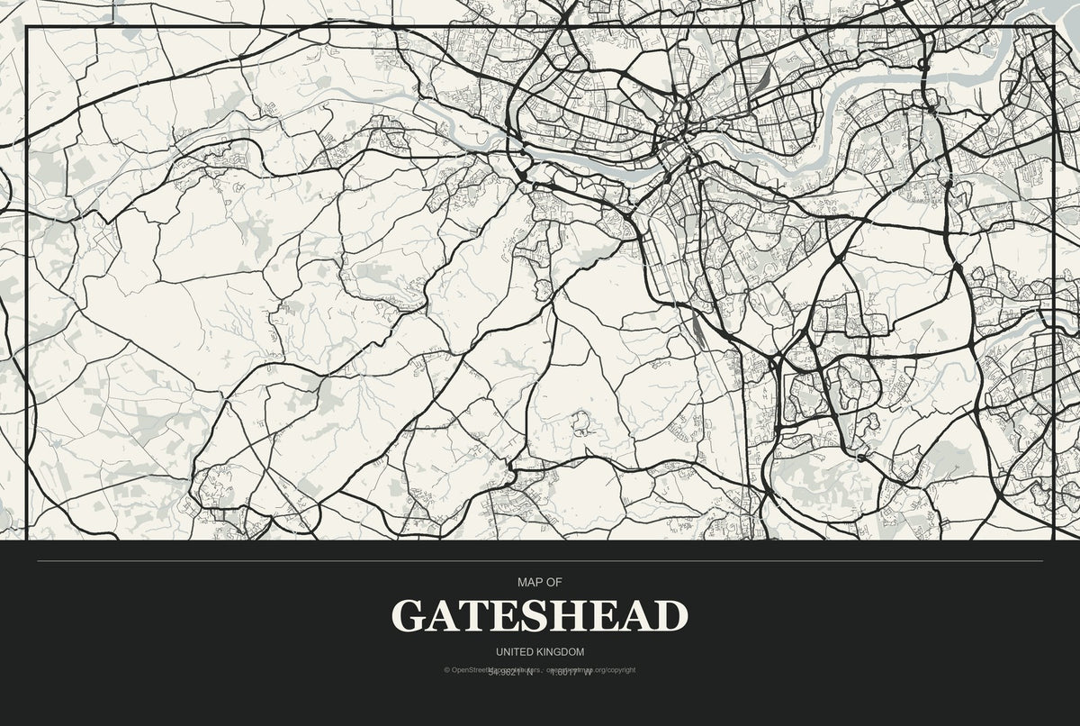 Gateshead, United Kingdom City Map Aluminum Sign in Museum Plaque style