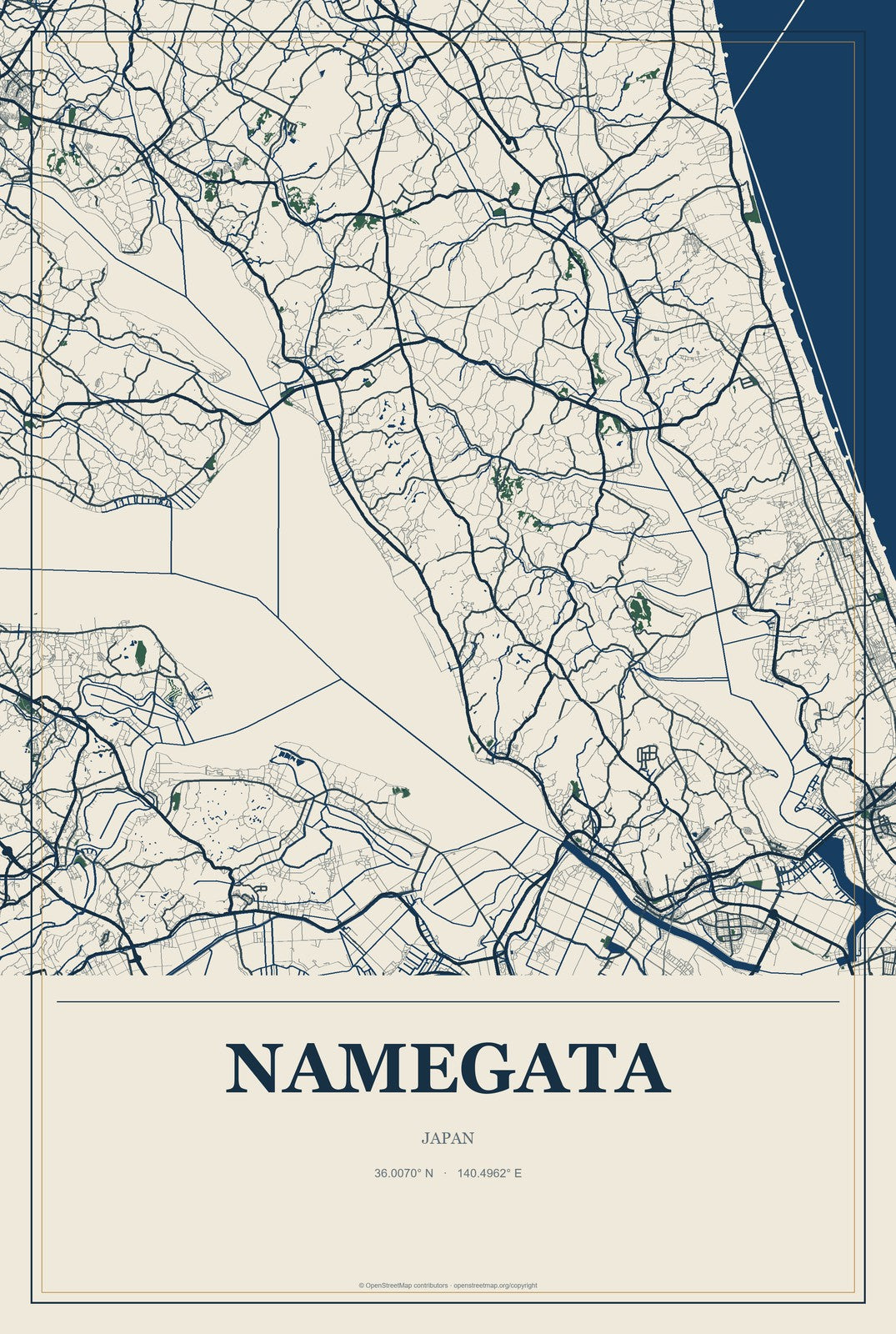 Namegata, Japan City Map Aluminum Sign in Coastal Cutout style
