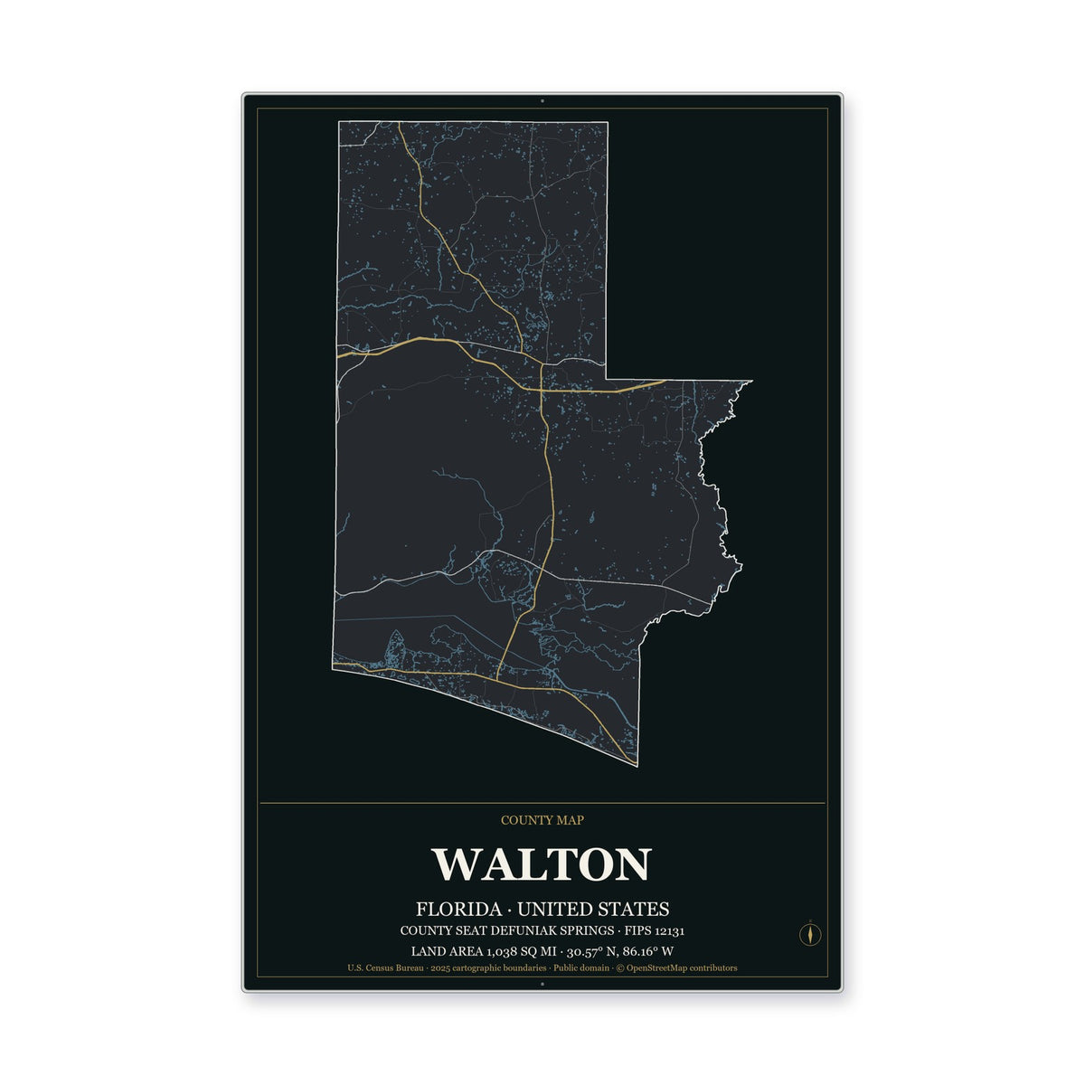 Walton County, Florida Map Aluminum Sign in Metropolitan Noir style
