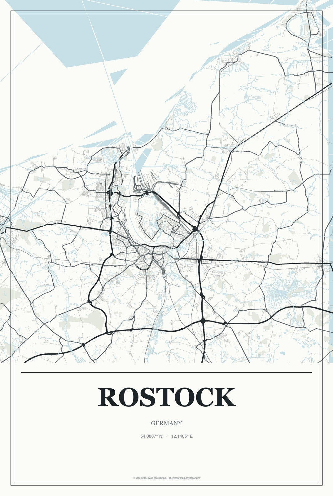 Rostock, Germany City Map Aluminum Sign in Gallery Air style