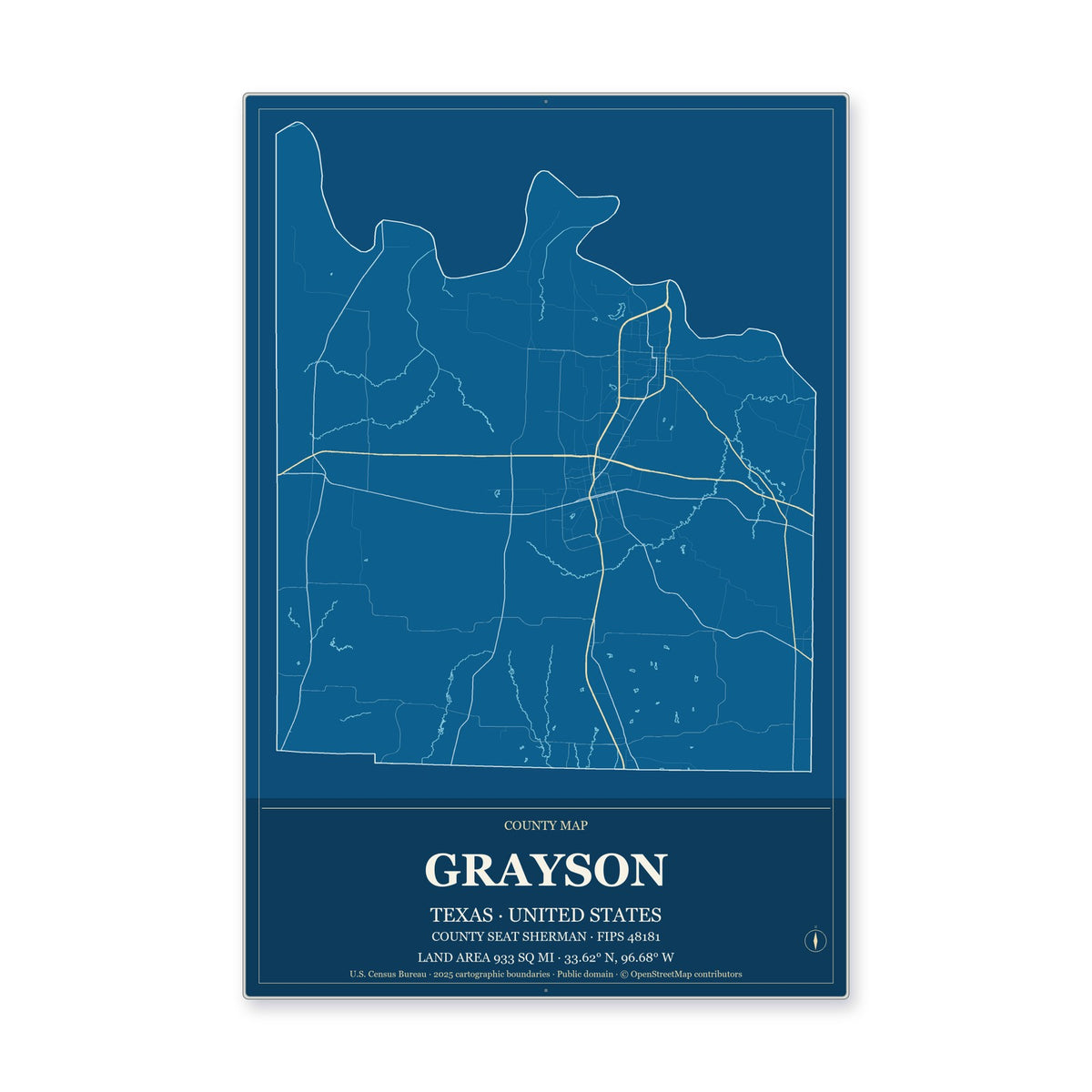 Grayson County, Texas Map Aluminum Sign in Harbor Cobalt style
