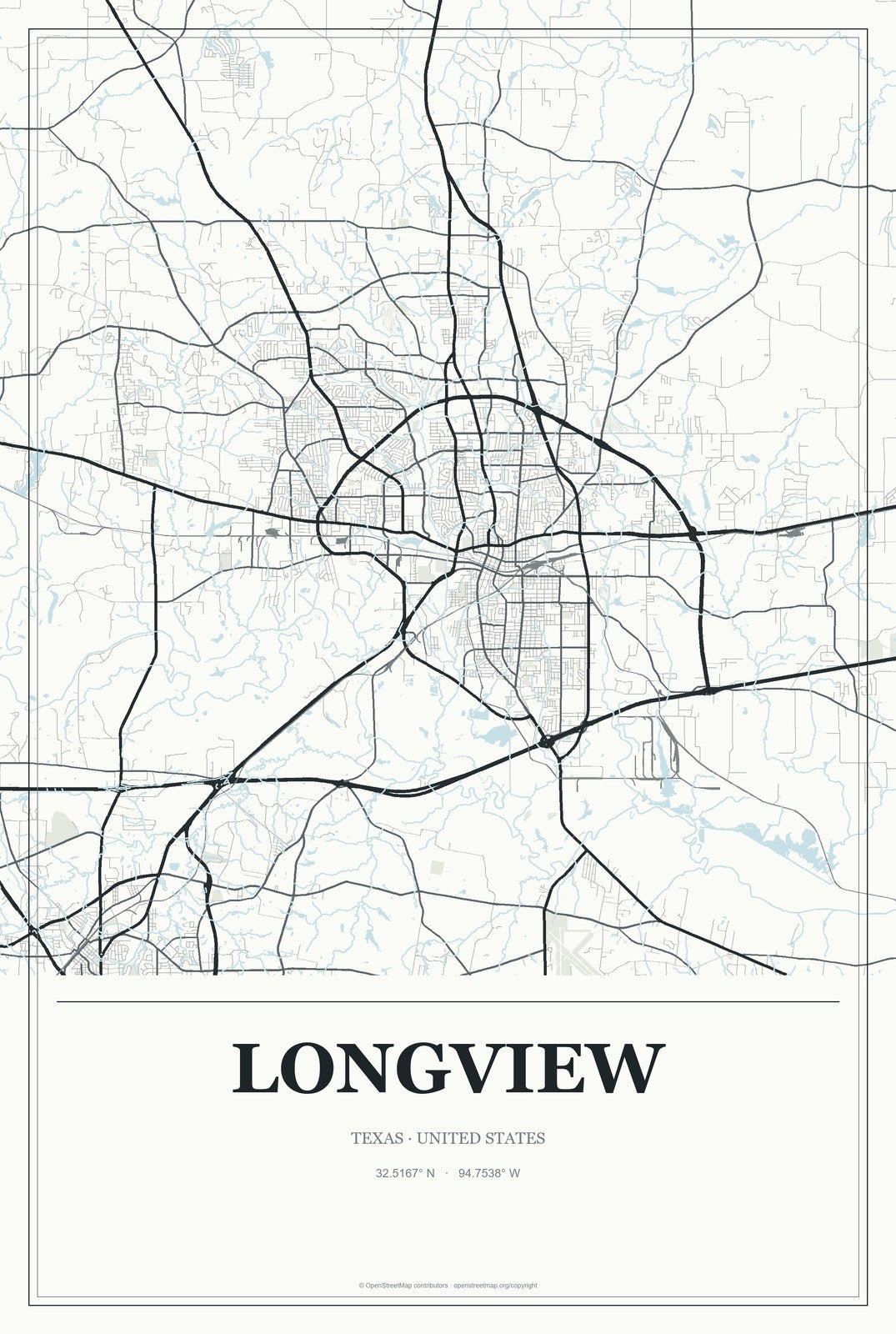 Longview, Texas City Map Aluminum Sign in Gallery Air style
