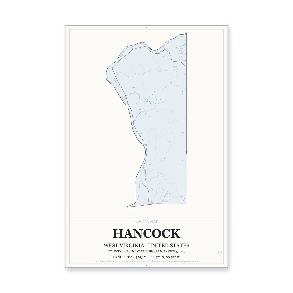 Hancock County, West Virginia Map Aluminum Sign in Gallery Air style