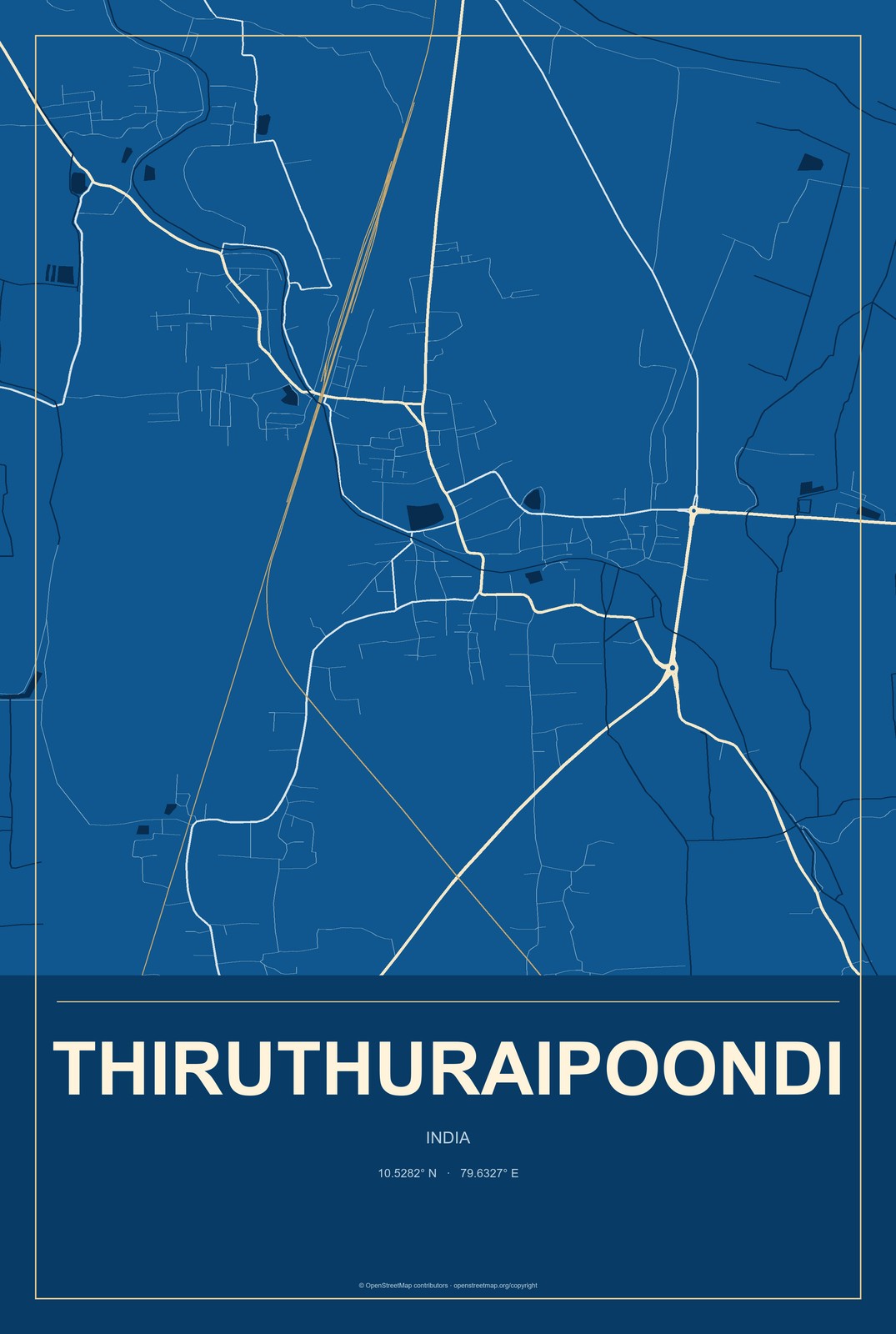 Thiruthuraipoondi, India City Map Aluminum Sign in Harbor Cobalt style