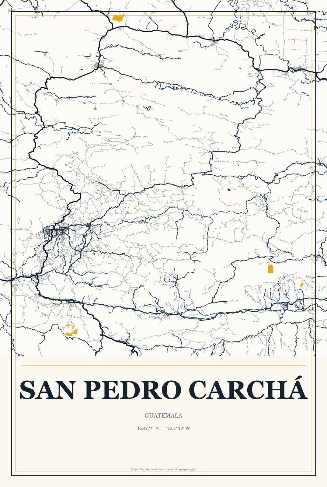 San Pedro Carchá, Guatemala City Map Aluminum Sign in Citrine Modern style