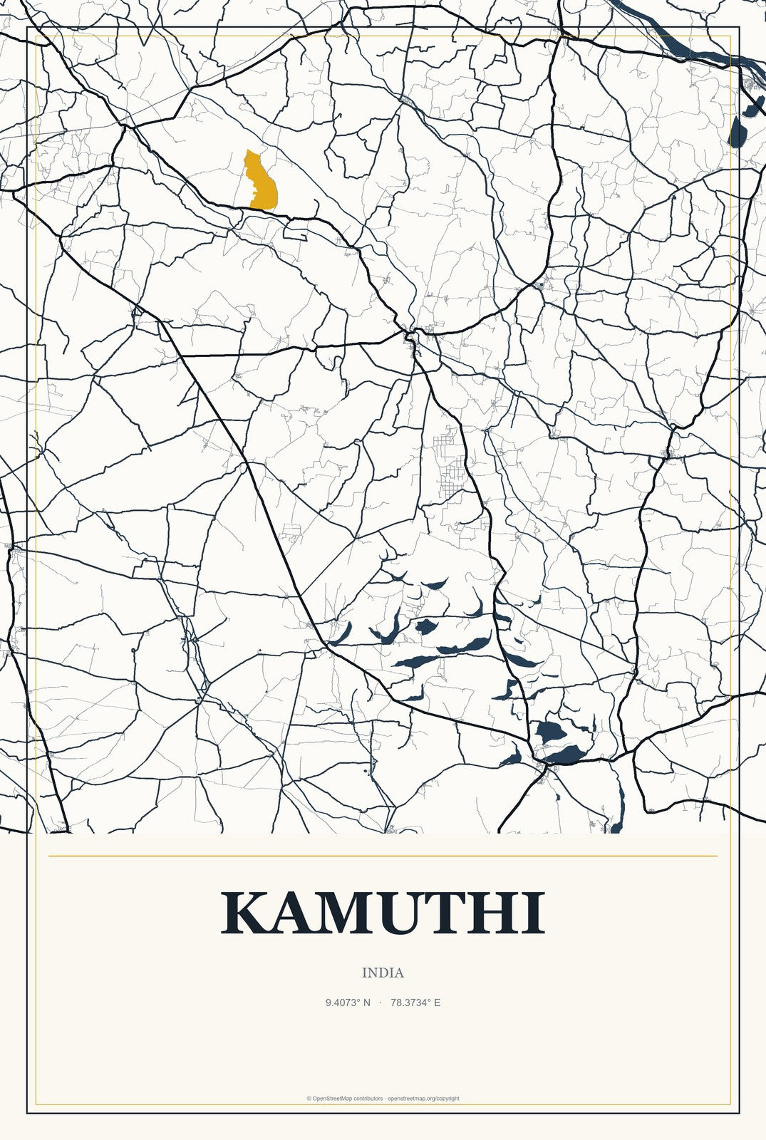 Kamuthi, India City Map Aluminum Sign in Citrine Modern style