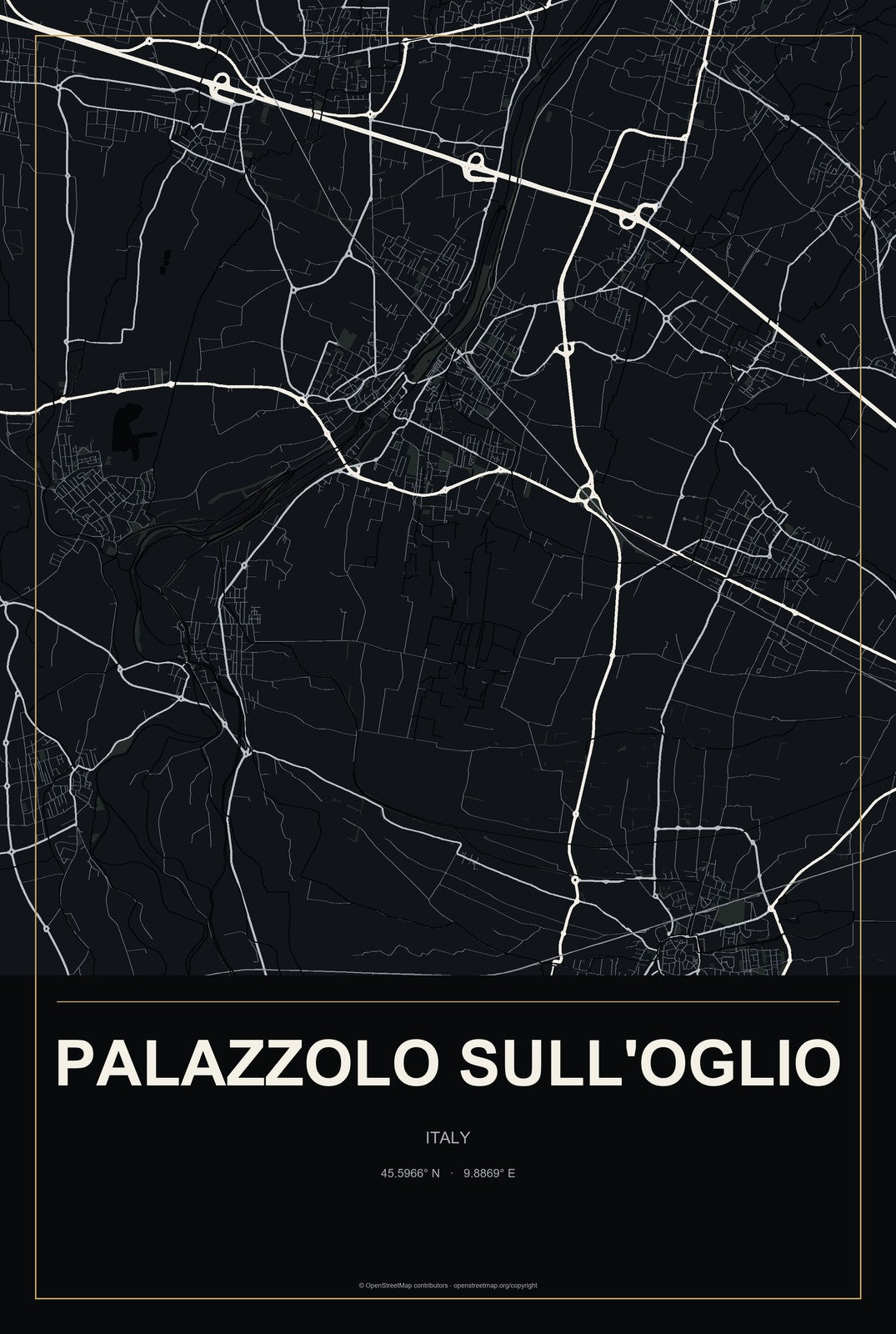Palazzolo sull'Oglio, Italy City Map Aluminum Sign in Metropolitan Noir style