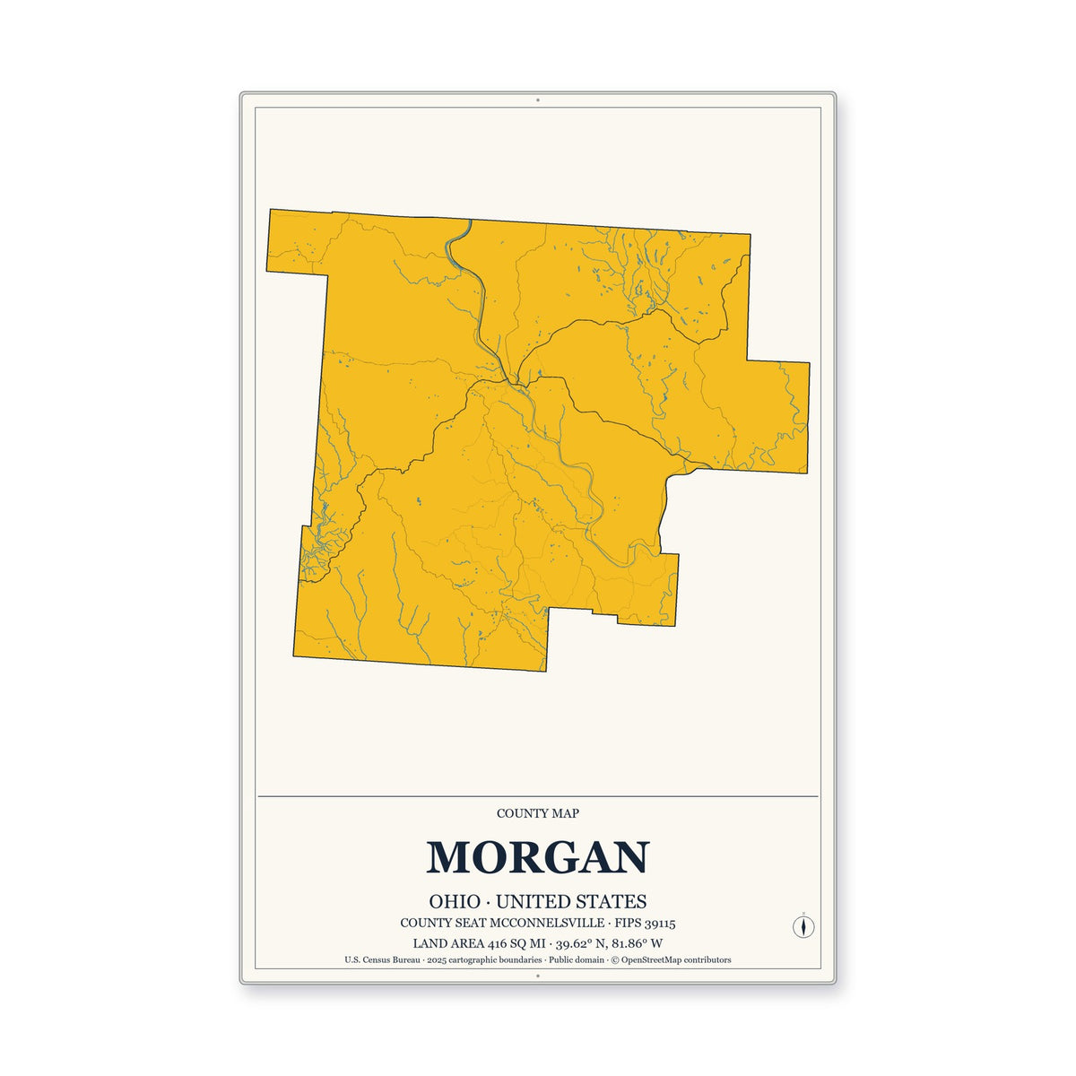 Morgan County, Ohio Map Aluminum Sign in Citrine Modern style