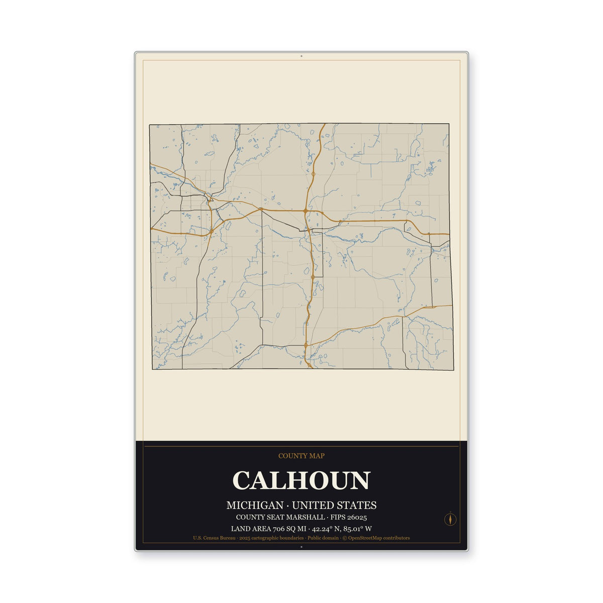 Calhoun County, Michigan Map Aluminum Sign in Museum Plaque style
