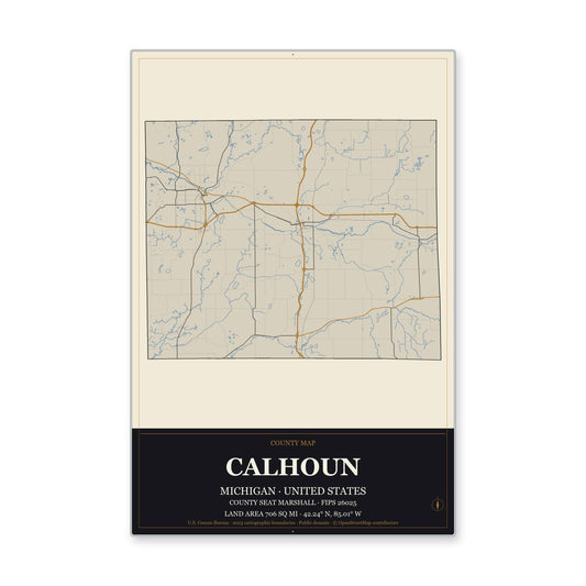 Calhoun County, Michigan Map Aluminum Sign in Museum Plaque style