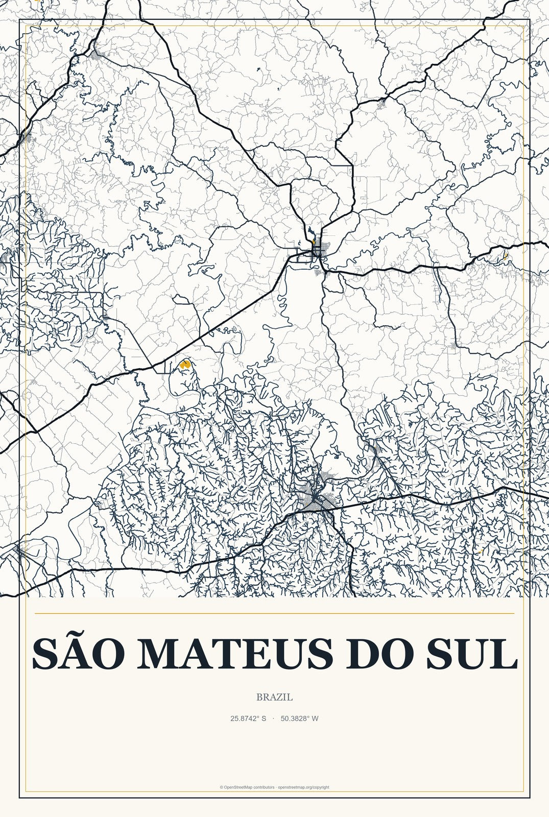 São Mateus do Sul, Brazil City Map Aluminum Sign in Citrine Modern style