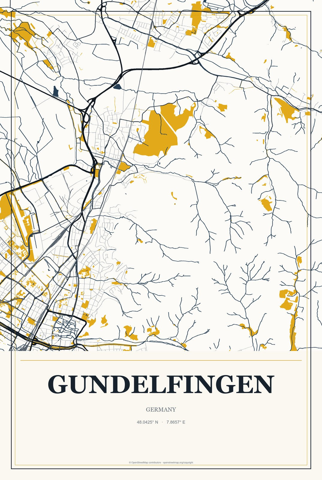 Gundelfingen, Germany City Map Aluminum Sign in Citrine Modern style