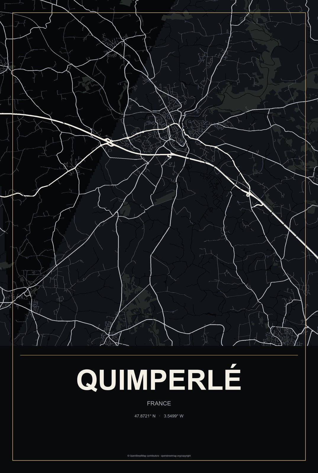 Quimperlé, France City Map Aluminum Sign in Metropolitan Noir style