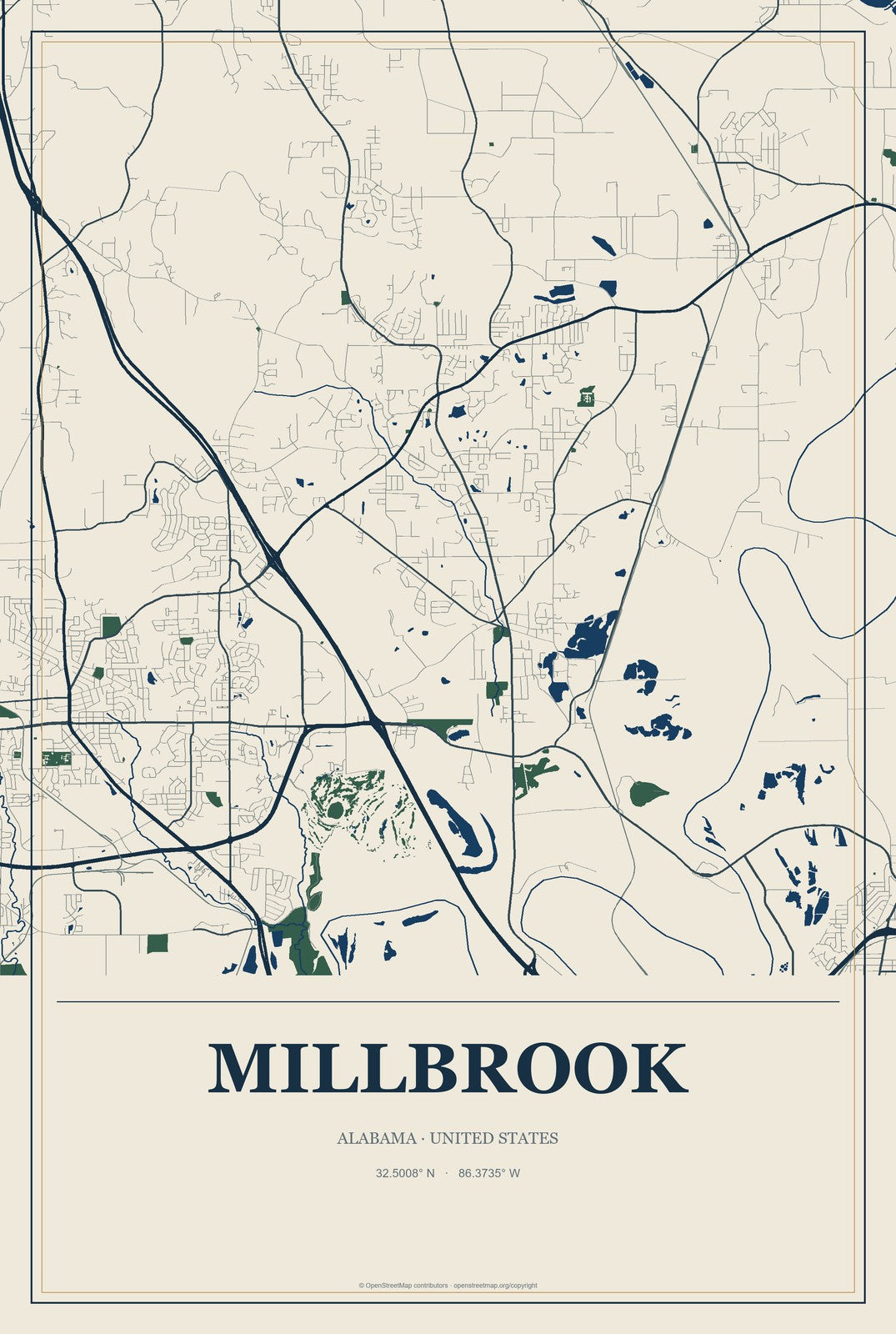 Millbrook, Alabama City Map Aluminum Sign in Coastal Cutout style