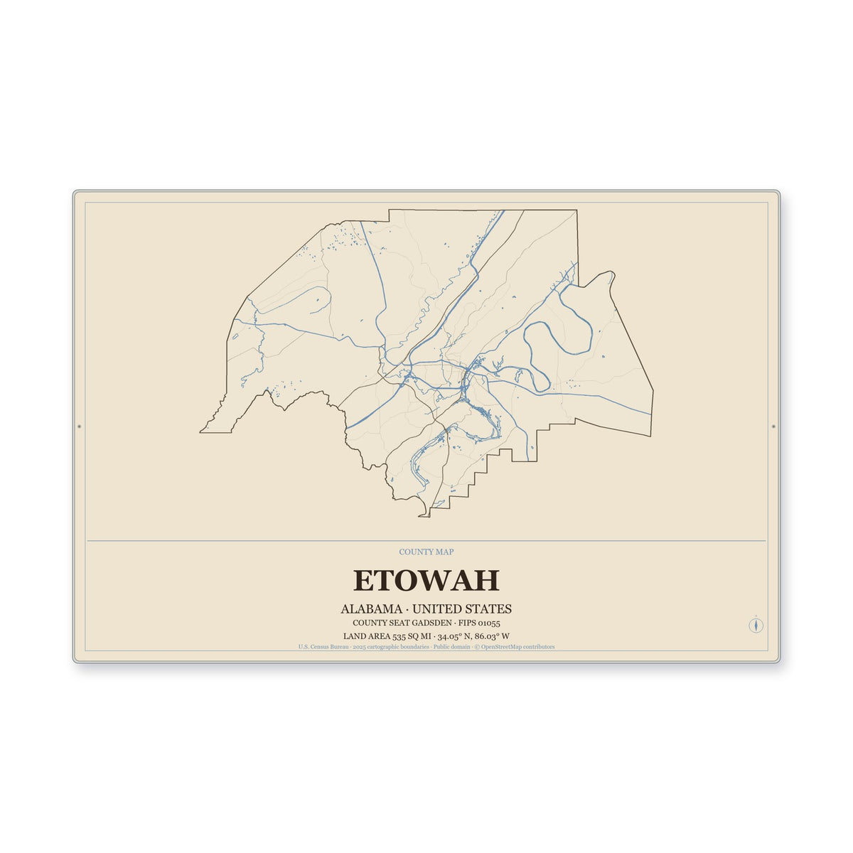 Etowah County, Alabama Map Aluminum Sign in Heritage Nautical style